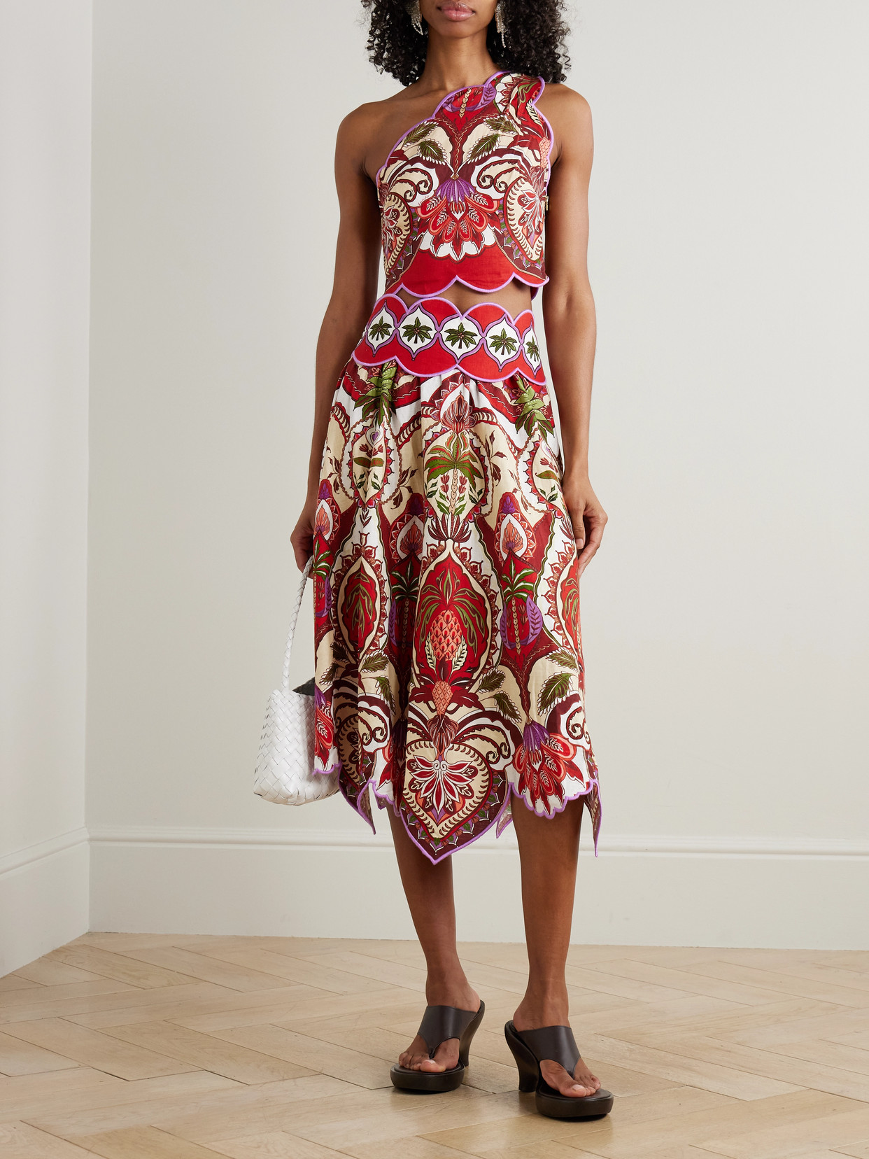 Farm Rio Odara One-shoulder Scalloped Printed Linen-blend Top In Multi