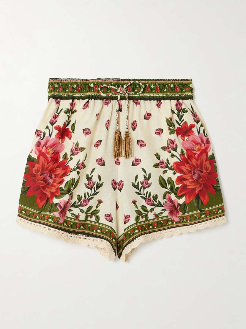Farm Rio Wonder Rio Embellished Crochet-trimmed Printed Linen-blend Shorts