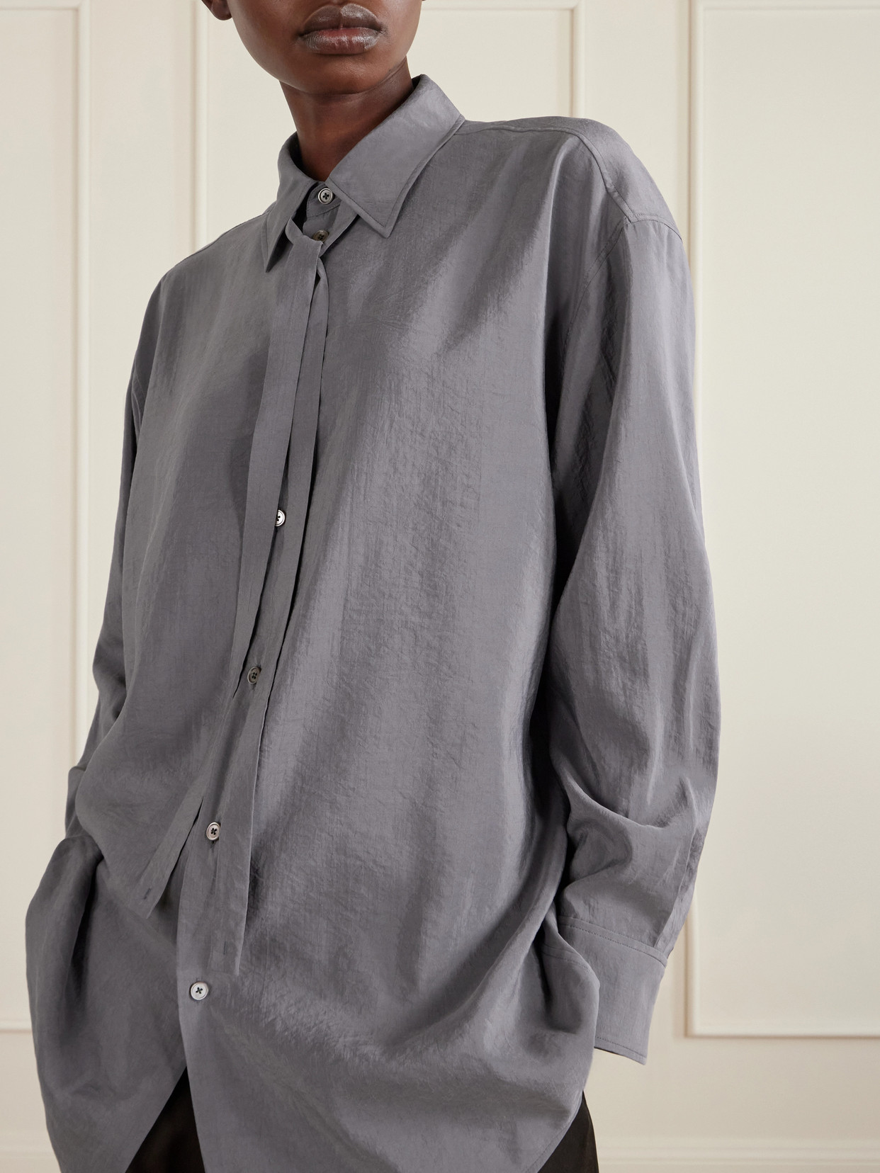 Tie-Detailed Crinkled Silk-Blend Shirt