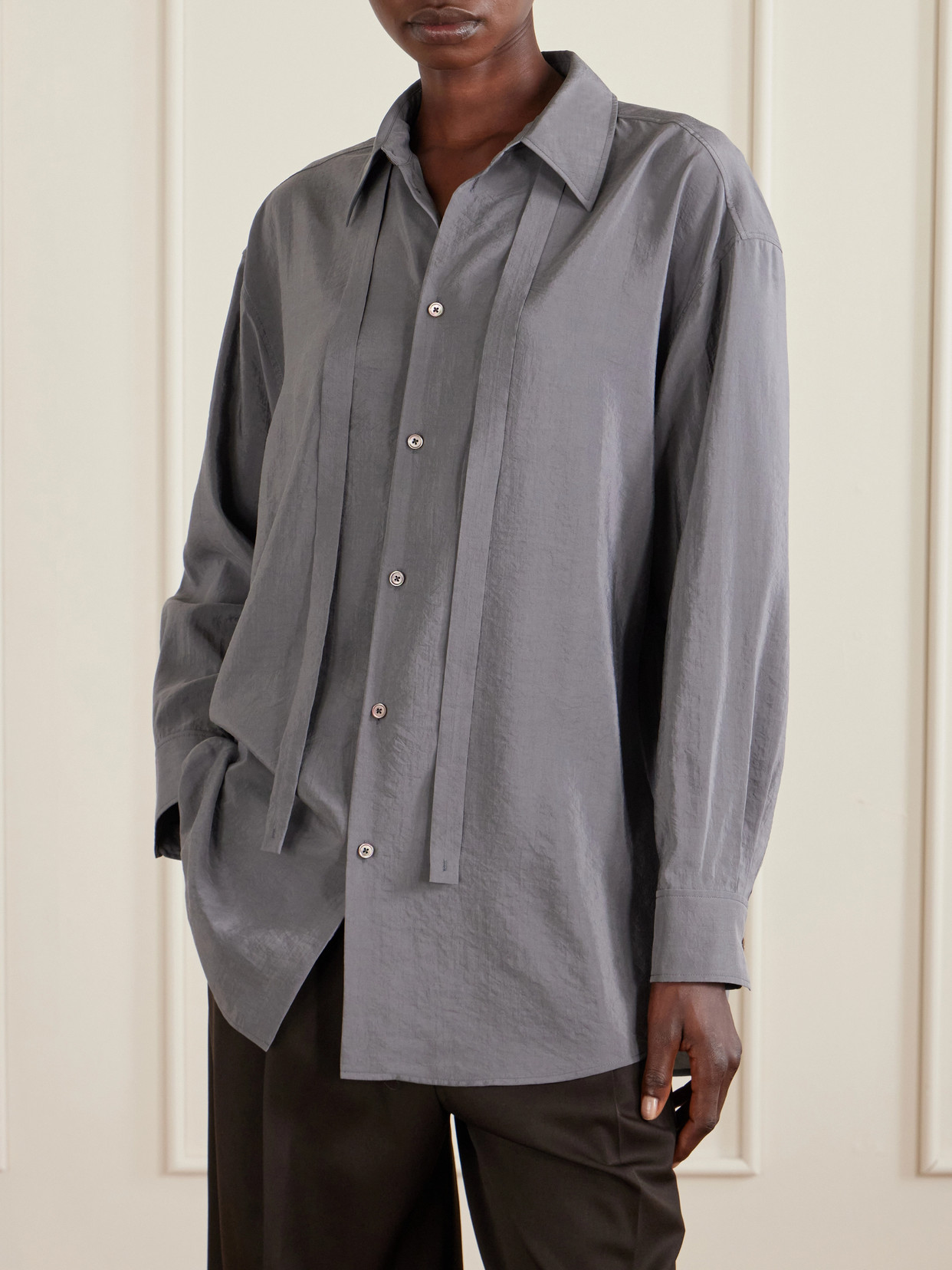 Tie-Detailed Crinkled Silk-Blend Shirt