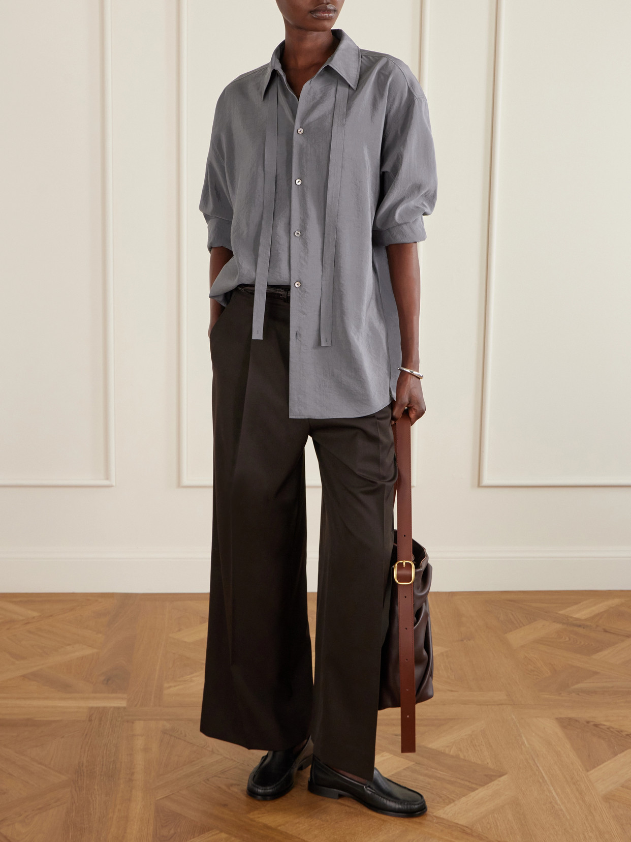 Tie-Detailed Crinkled Silk-Blend Shirt
