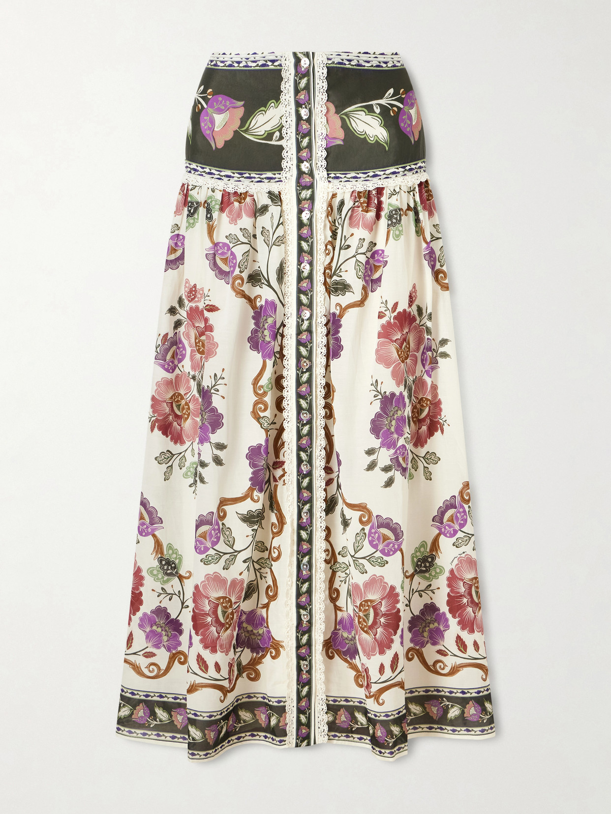 Farm Rio Rococo Flowers Lace-trimmed Printed Cotton-blend Midi Skirt In Multi