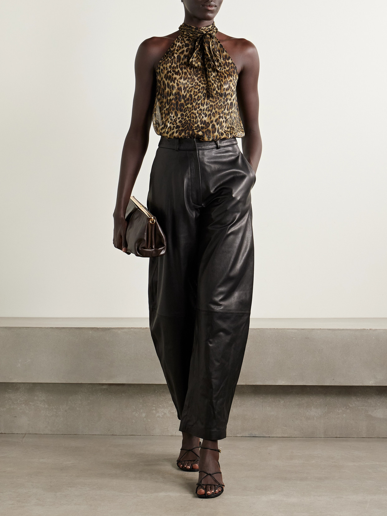 Nili Lotan Alla Tie-neck Leopard-print Metallic Silk-crepon Halterneck Top In Animal Print