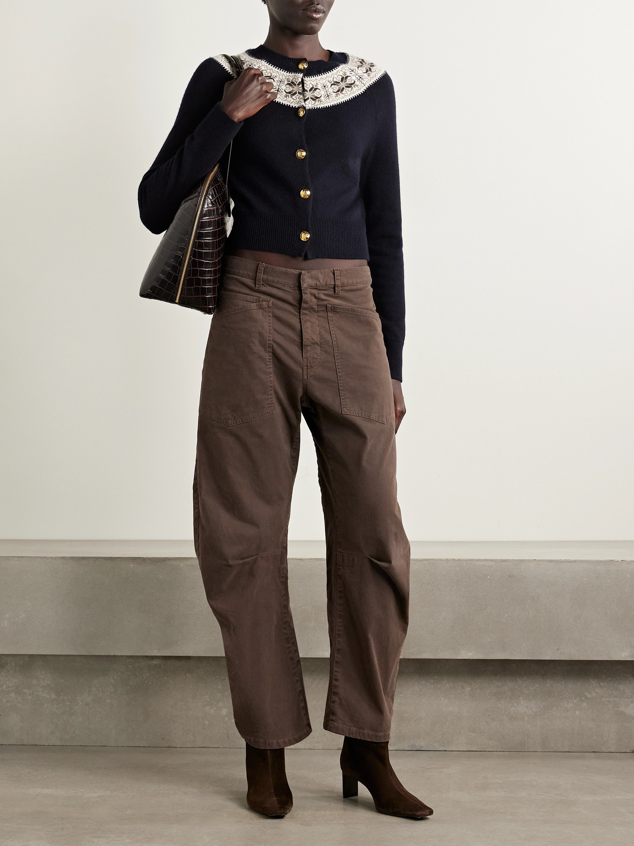 Nili Lotan Shon Brushed Stretch-cotton Twill Barrel-leg Pants In Brown