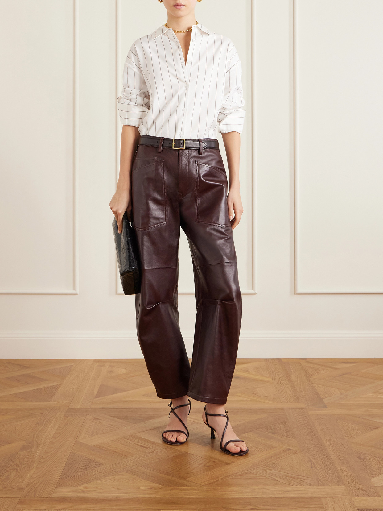 Nili Lotan Mid-rise Barrel Leg Lammleder-hose Shon Leather In Brown