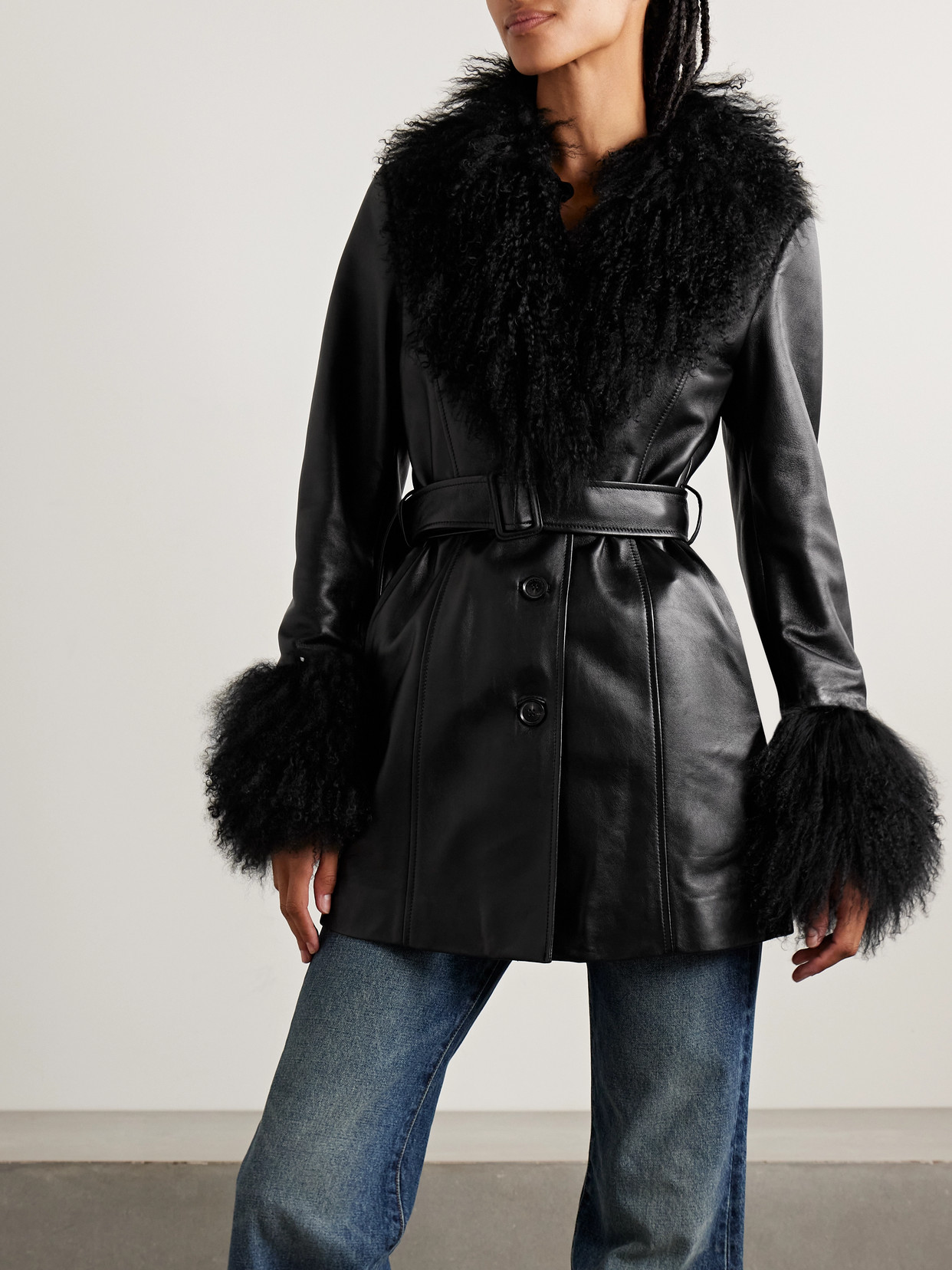 Nili Lotan Sefa Belted Shearling-trimmed Leather Jacket In Black