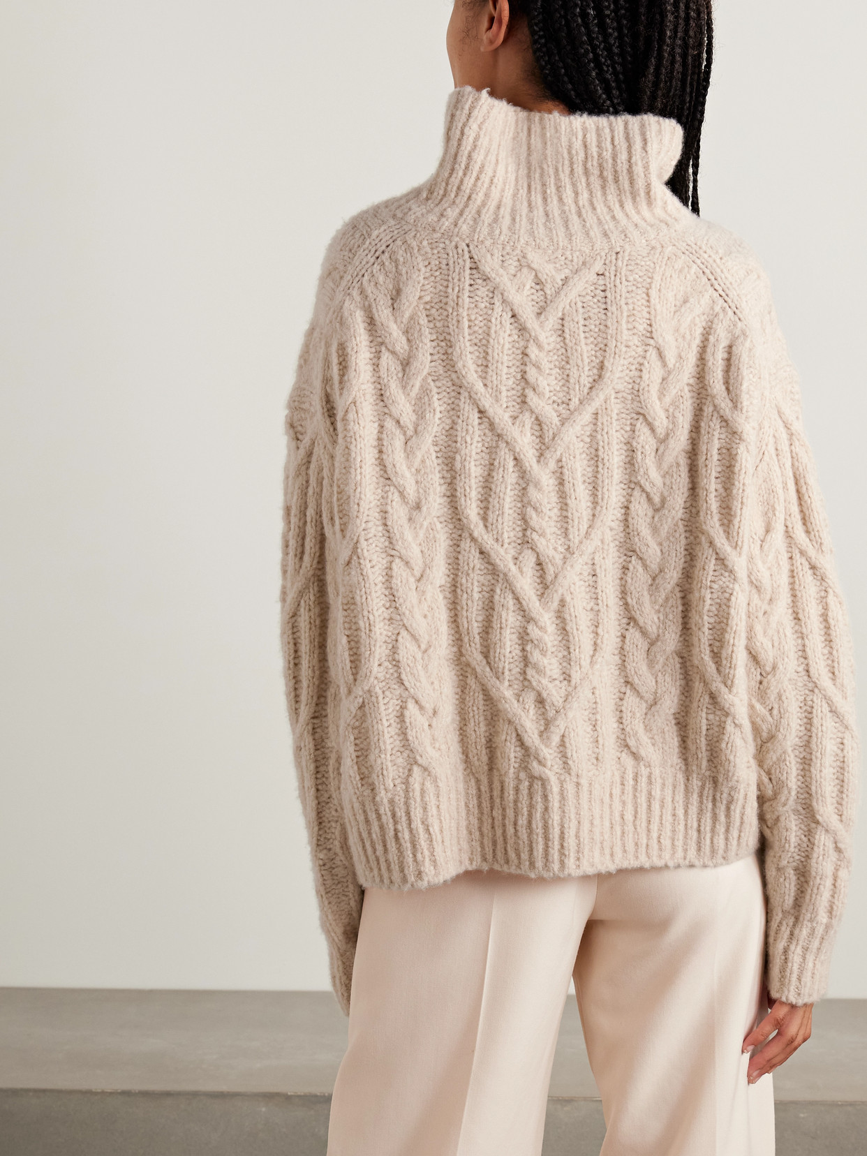 Nili Lotan Fairiny Cable-knit Brushed Cashmere And Silk-blend Turtleneck Sweater In Neutral