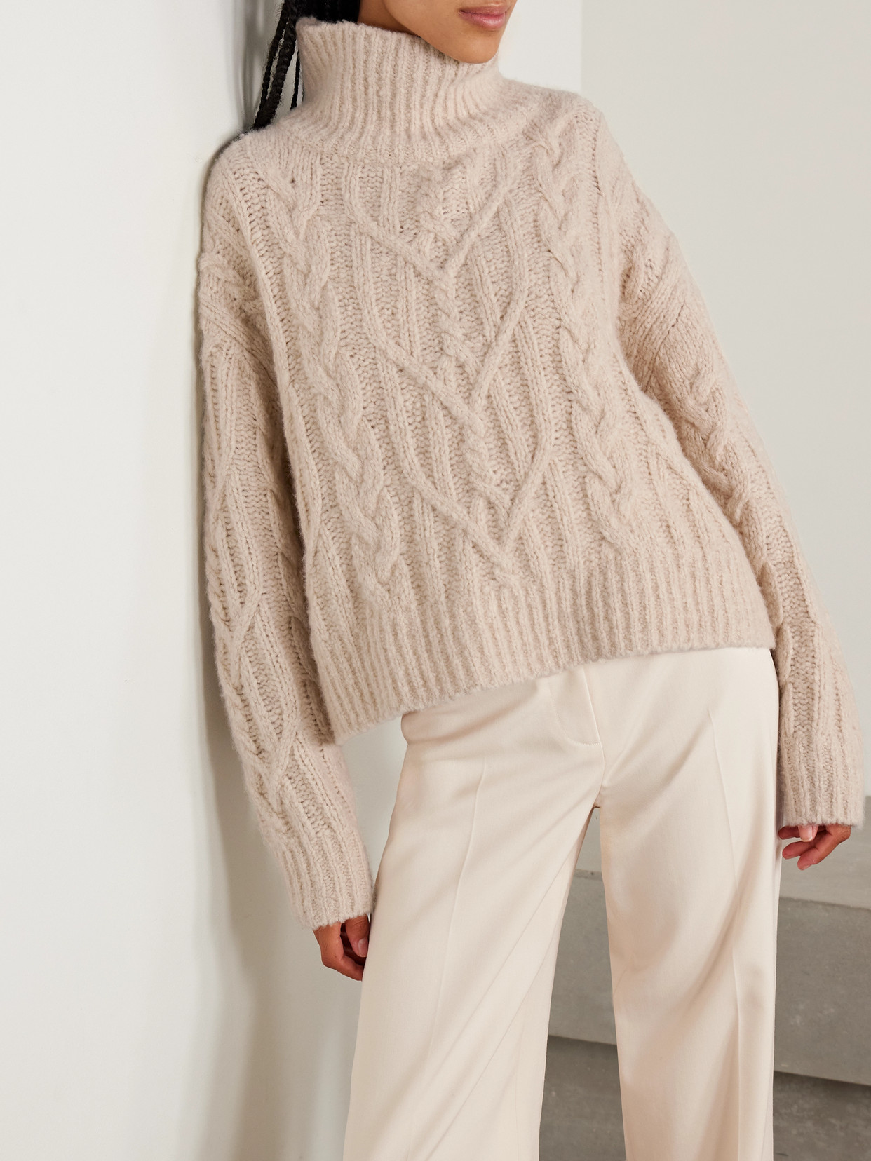 Nili Lotan Fairiny Cable-knit Brushed Cashmere And Silk-blend Turtleneck Sweater In Neutral