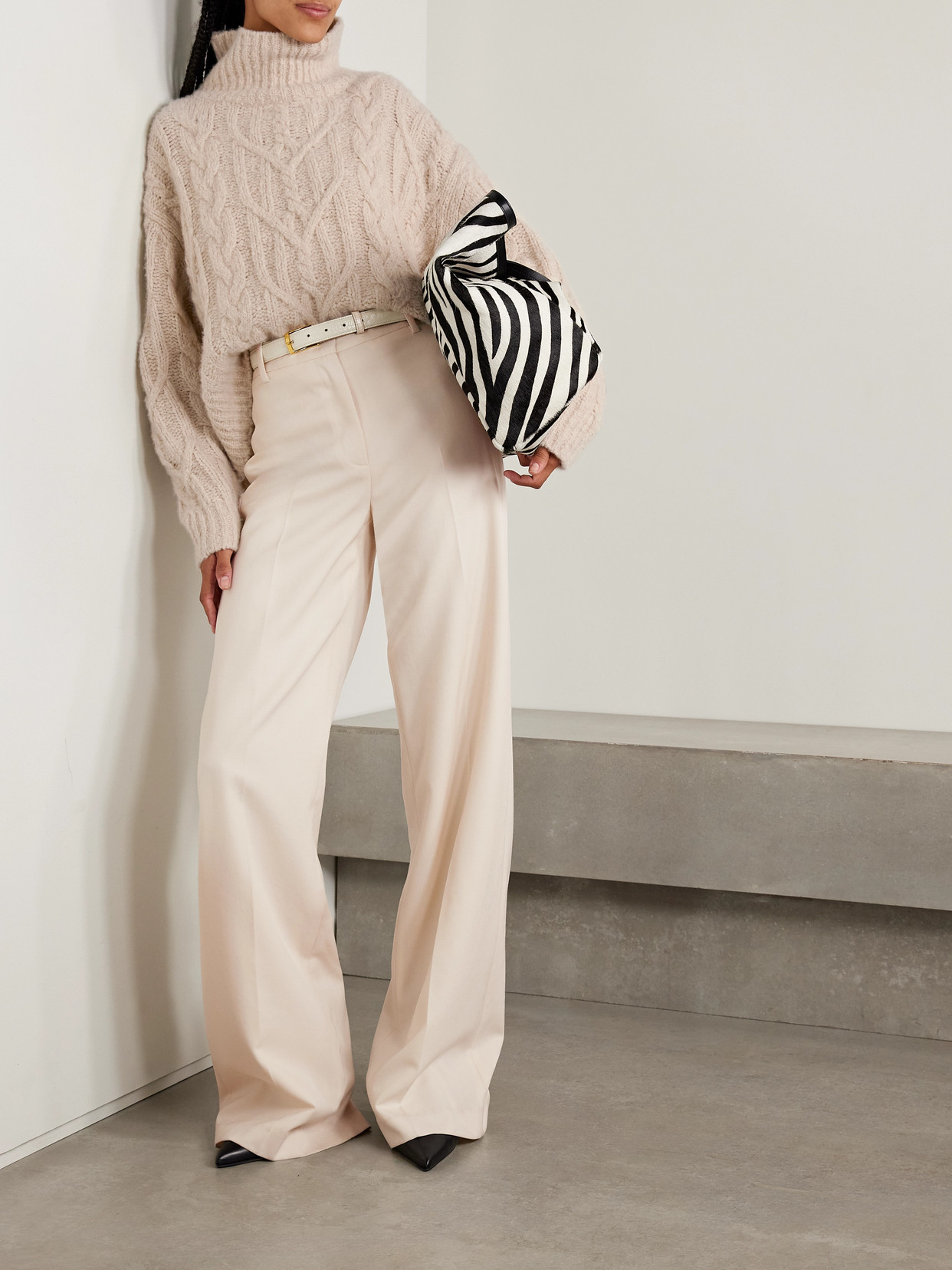 Nili Lotan Fairiny Cable-knit Brushed Cashmere And Silk-blend Turtleneck Sweater In Neutral