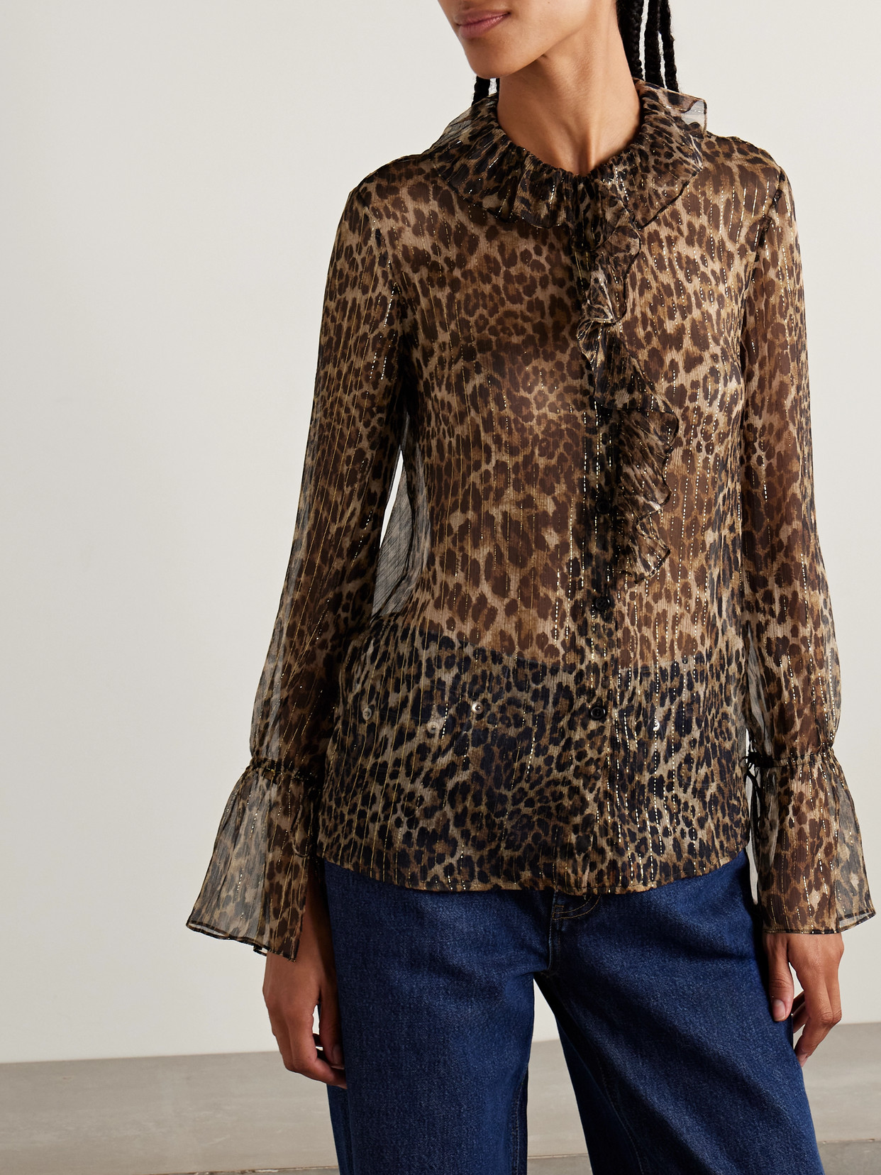 Nili Lotan Cecily Ruffled Leopard-print Metallic Silk-blend Crepon Blouse In Multi
