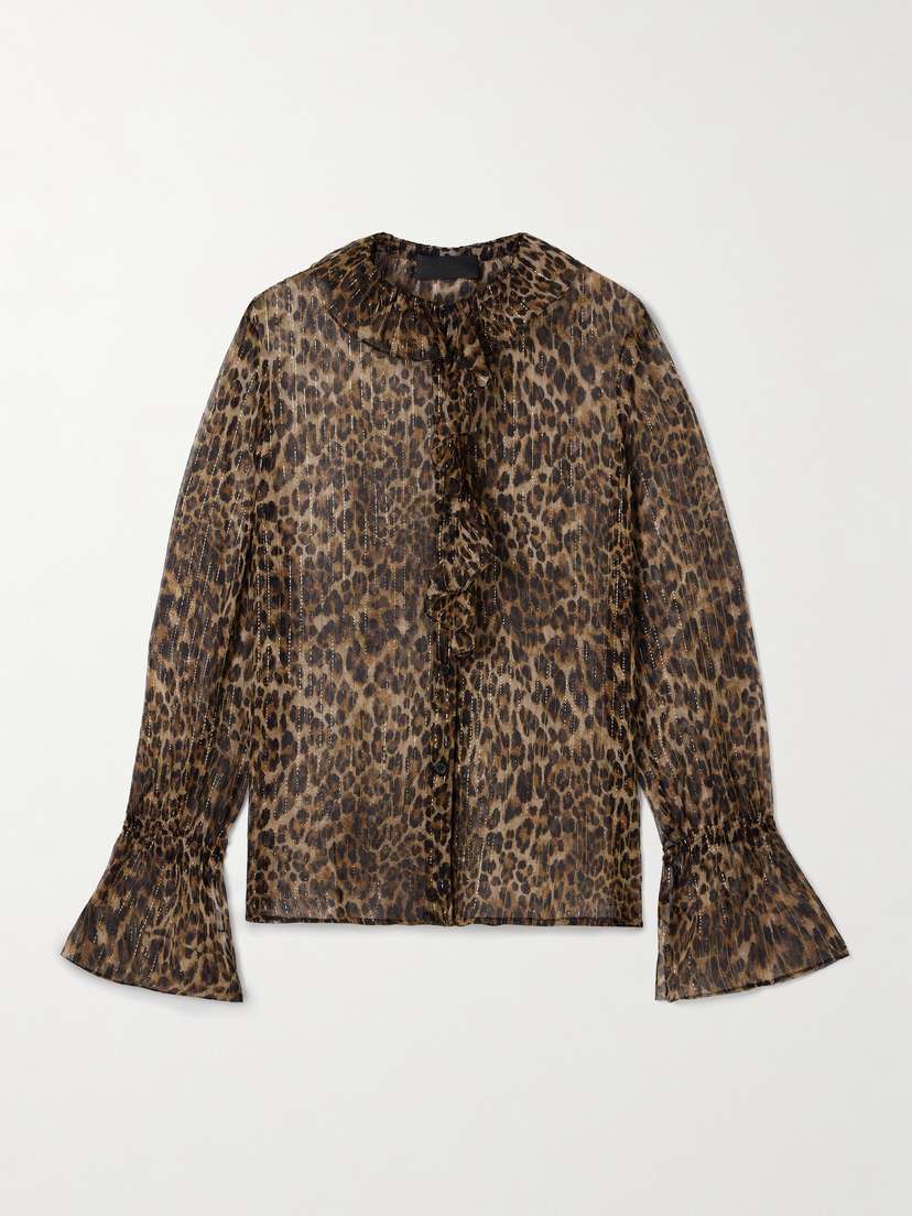 Nili Lotan Cecily Ruffled Leopard-print Metallic Silk-blend Crepon Blouse