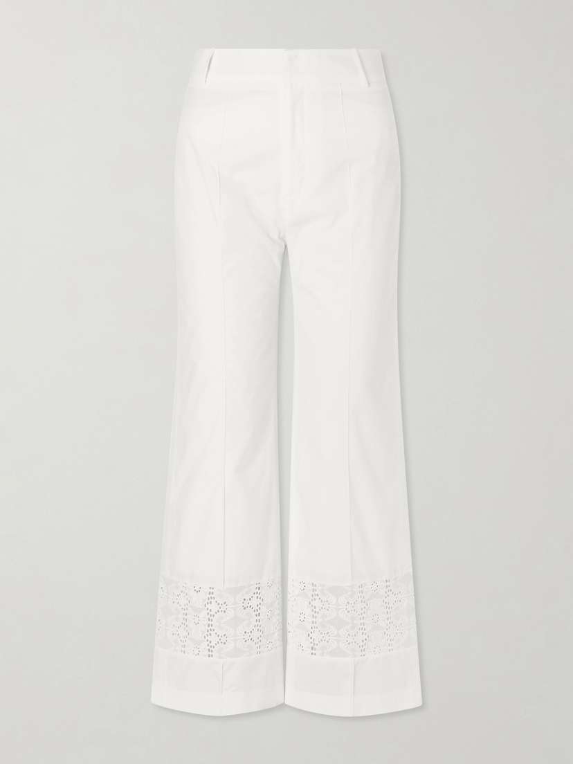 DESTREE Yoshitomo Broderie Anglaise-trimmed Cotton-poplin Straight-leg Pants