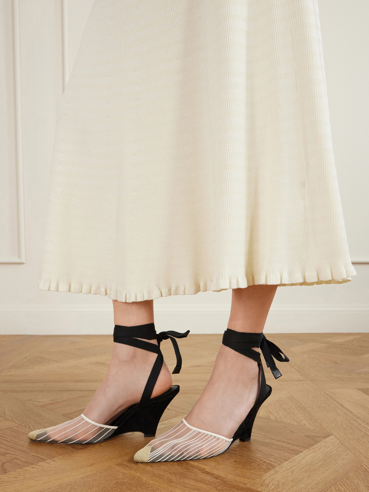 Les Espadrilles Grosgrain-Trimmed Mesh Wedge Pumps