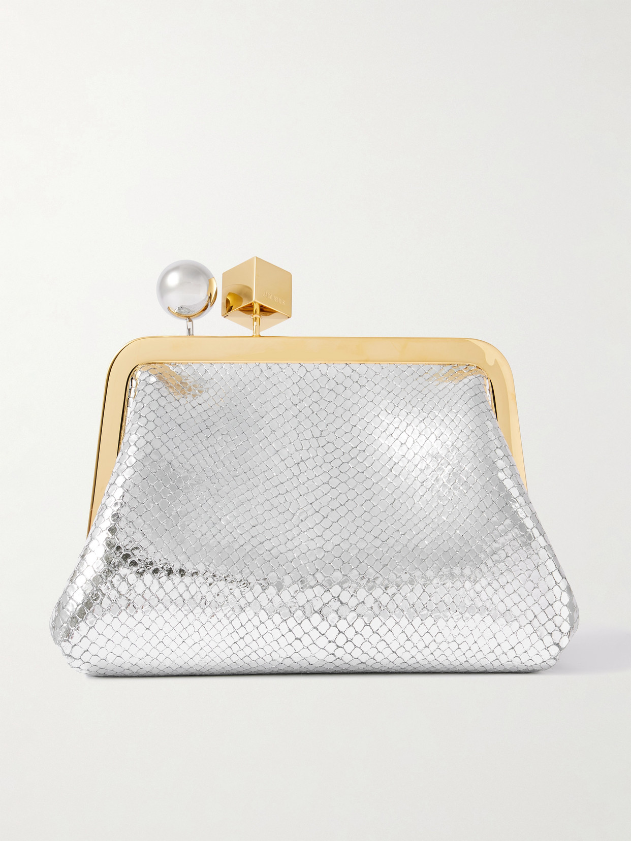 Jacquemus Le Berlingot Embellished Metallic Snake-effect Leather Clutch In Silver