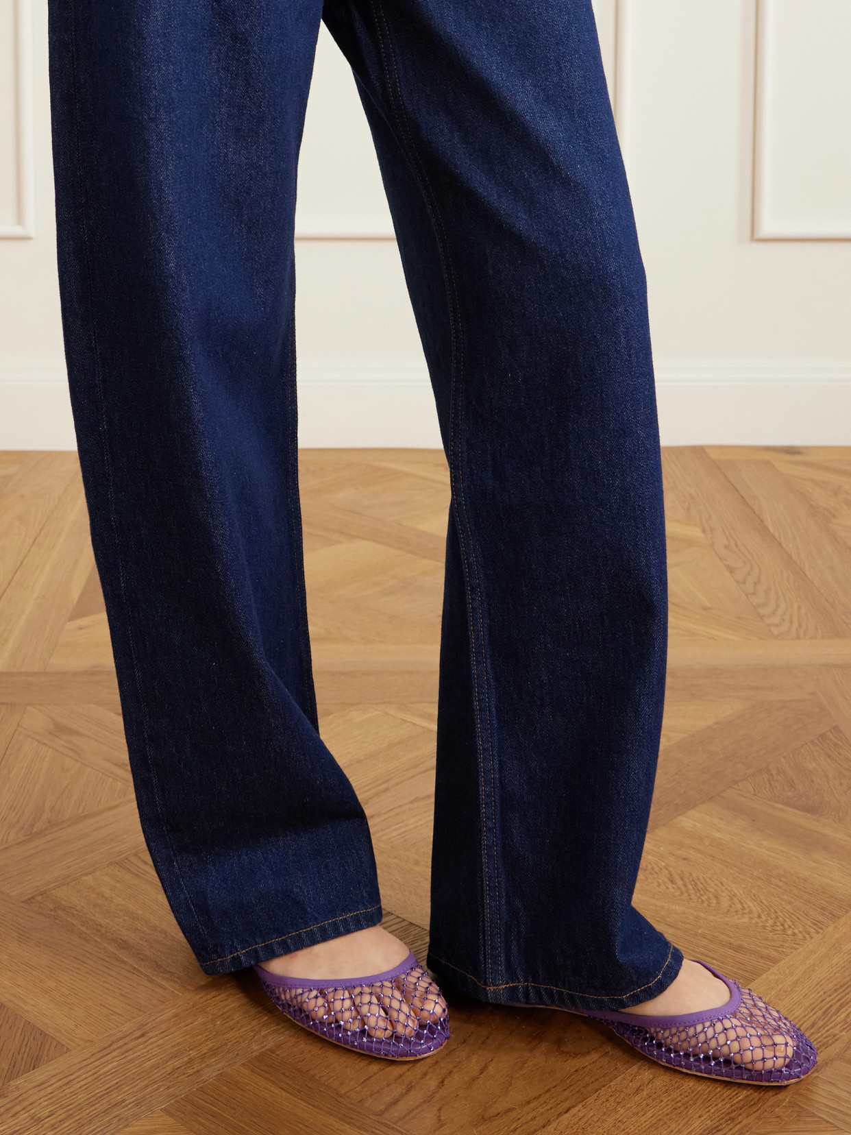 Minette Leather-Trimmed Crystal-Embellished Ballet Flats
