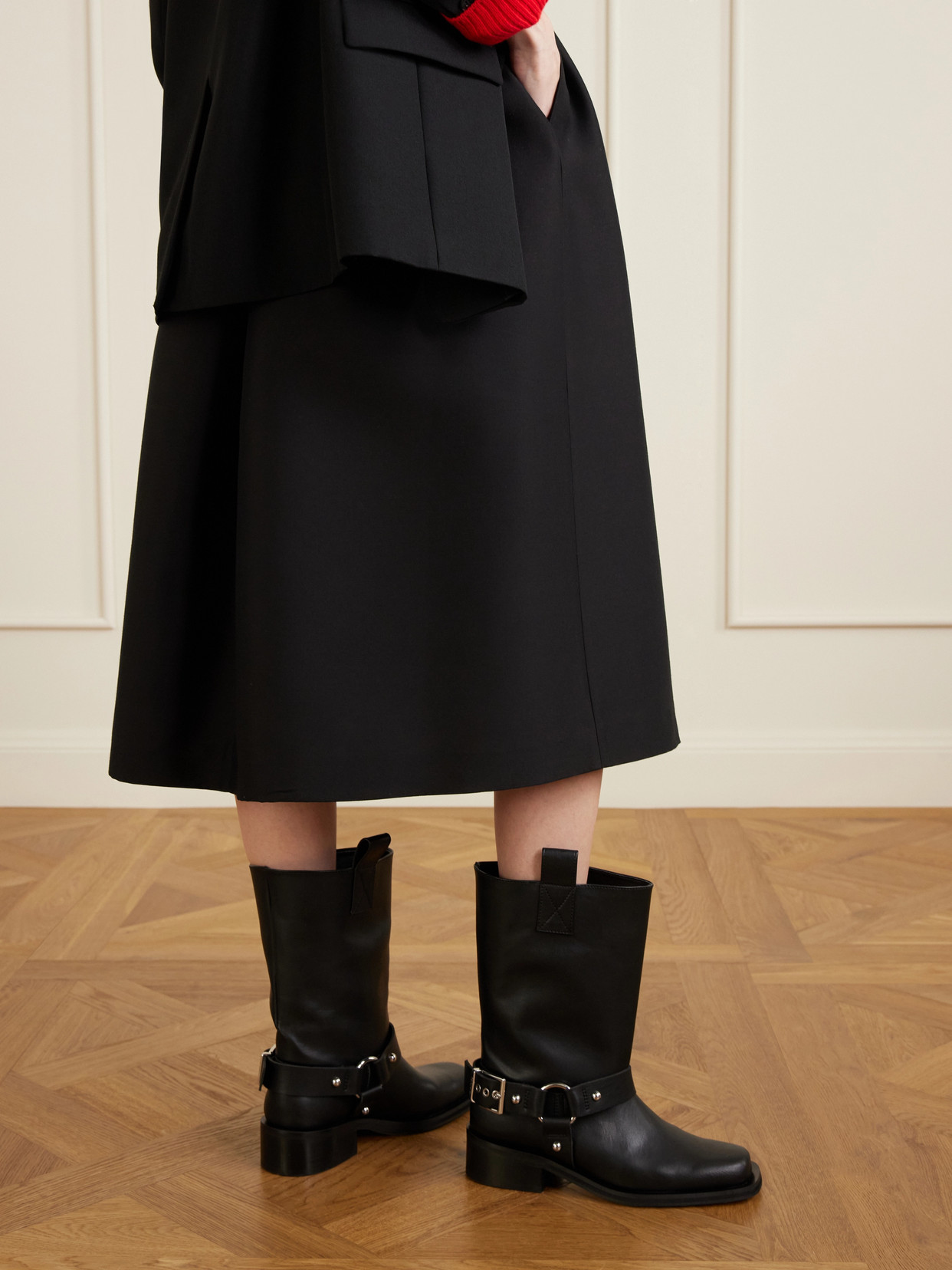 Ganni Mid Calf Recycled Leather Biker Boots In Black