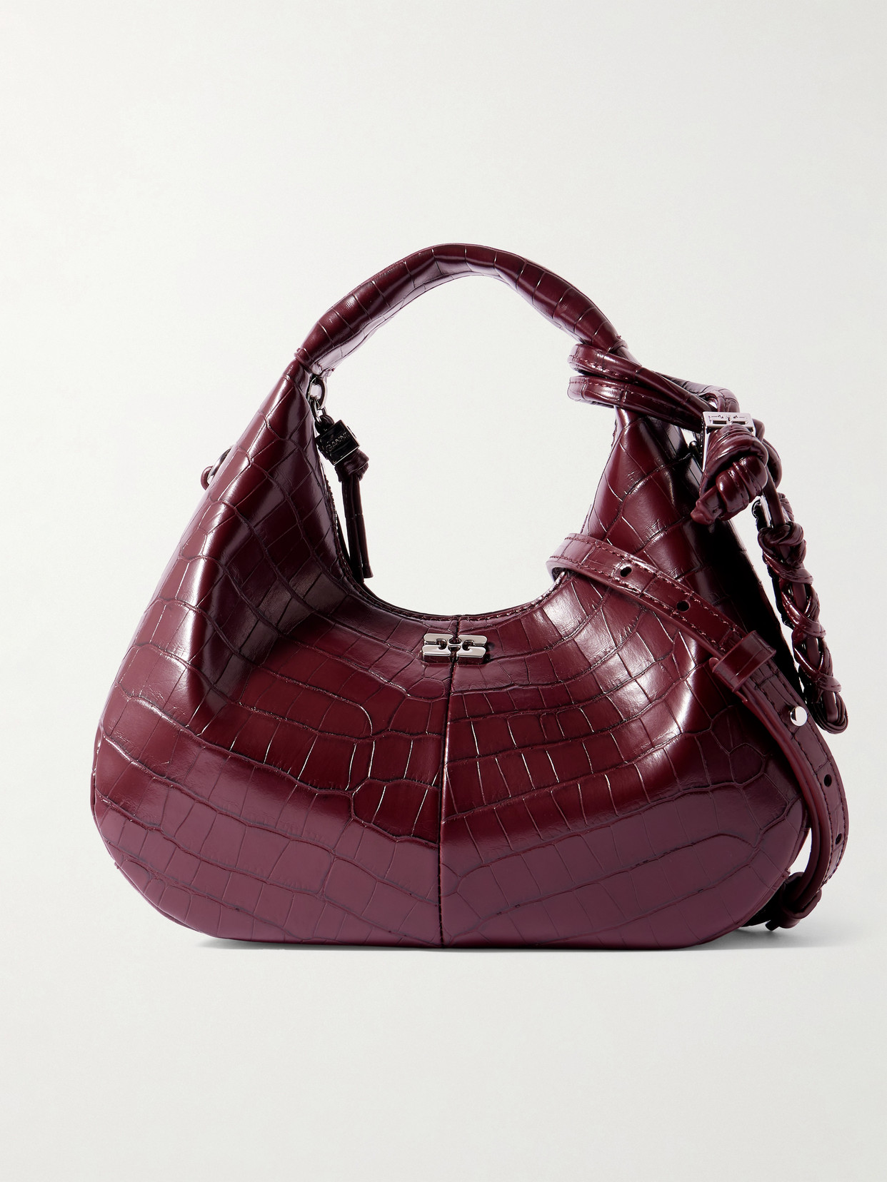 Ganni Mini Croc-effect Recycled Leather-blend Shoulder Bag In Burgundy