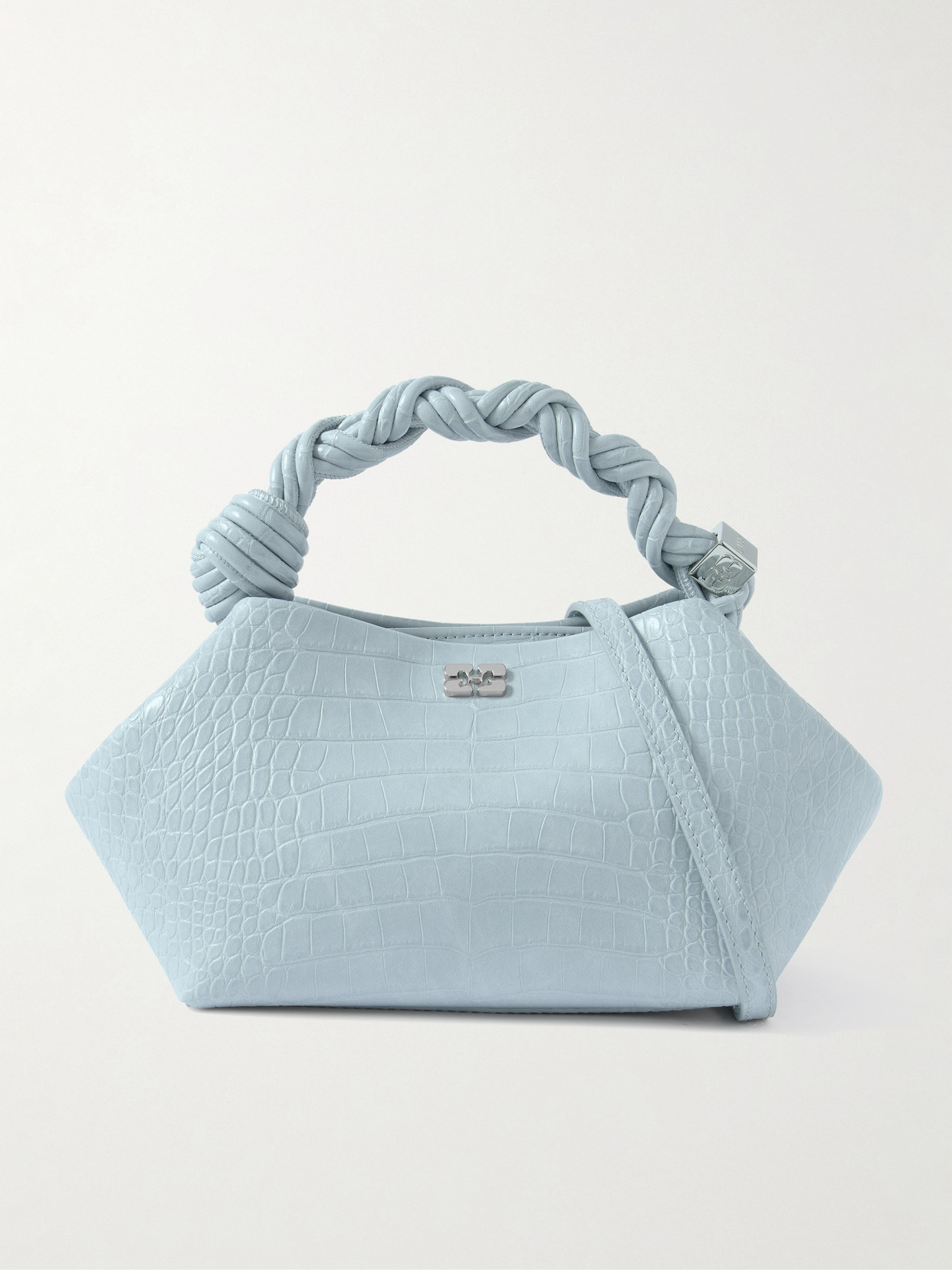 Ganni Bou Braided Croc-effect Recycled-leather Shoulder Bag In Blue