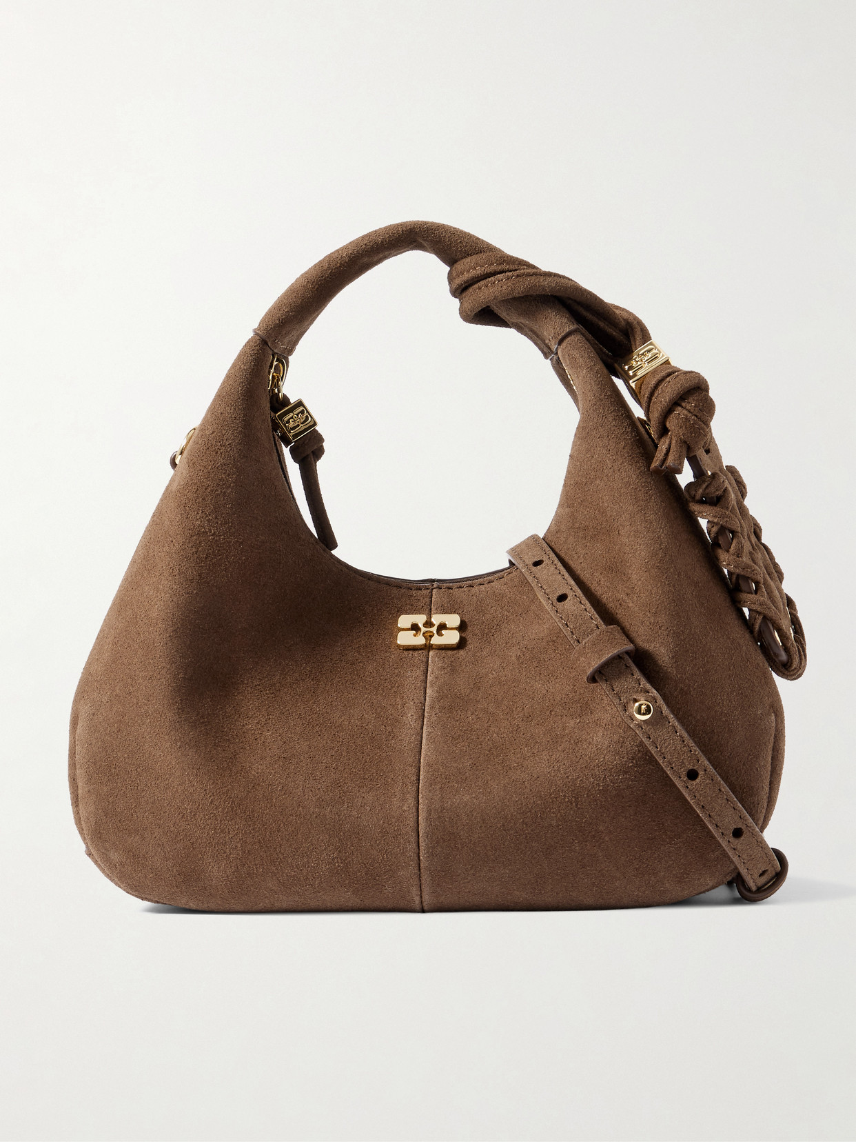 Ganni Recycled-suede Shoulder Bag In Brown