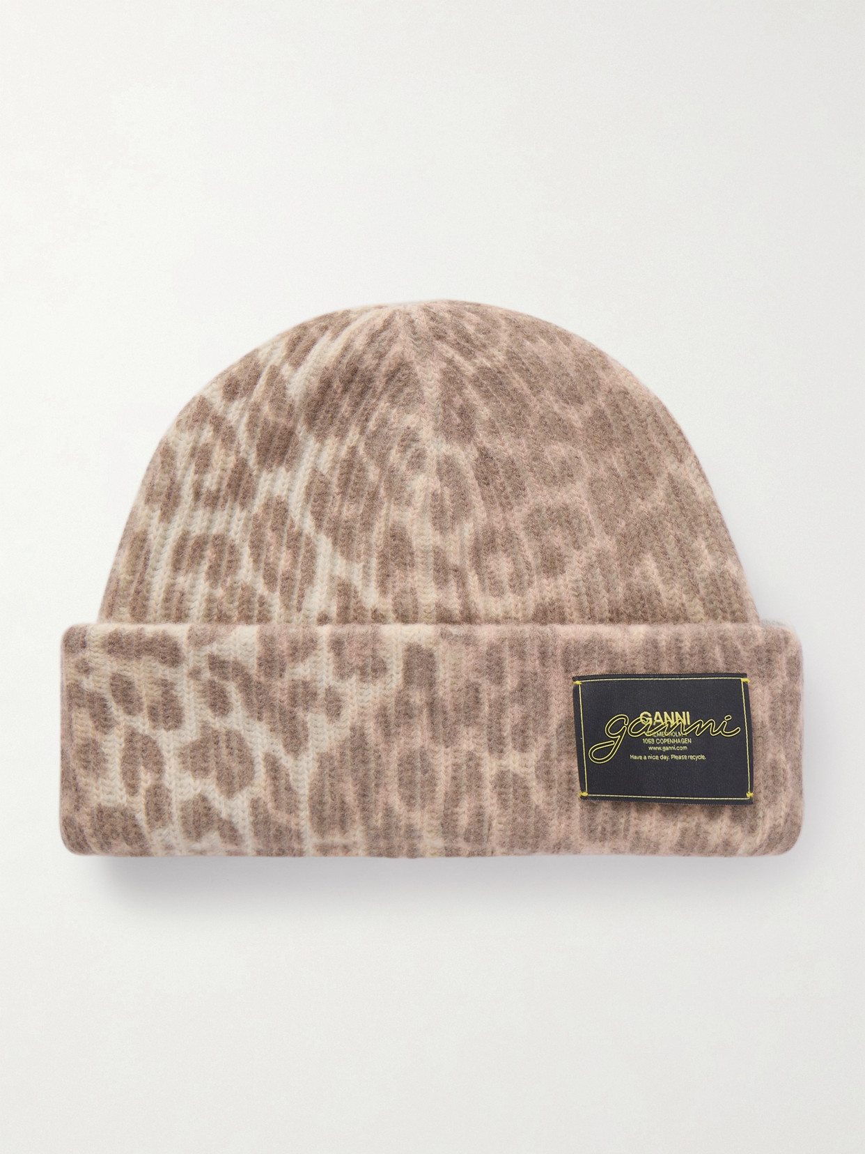 Ganni Womens Leopard Graphic Print Wool Blend Beanie In Brown