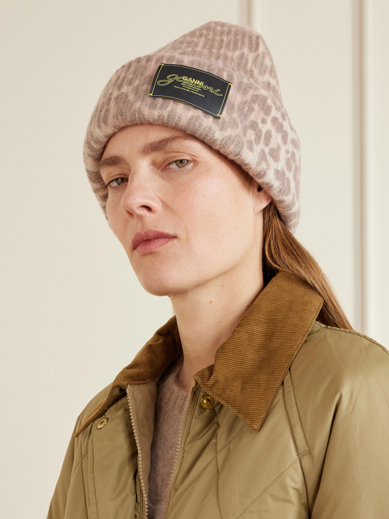 Ganni Womens Leopard Graphic Print Wool Blend Beanie In Brown