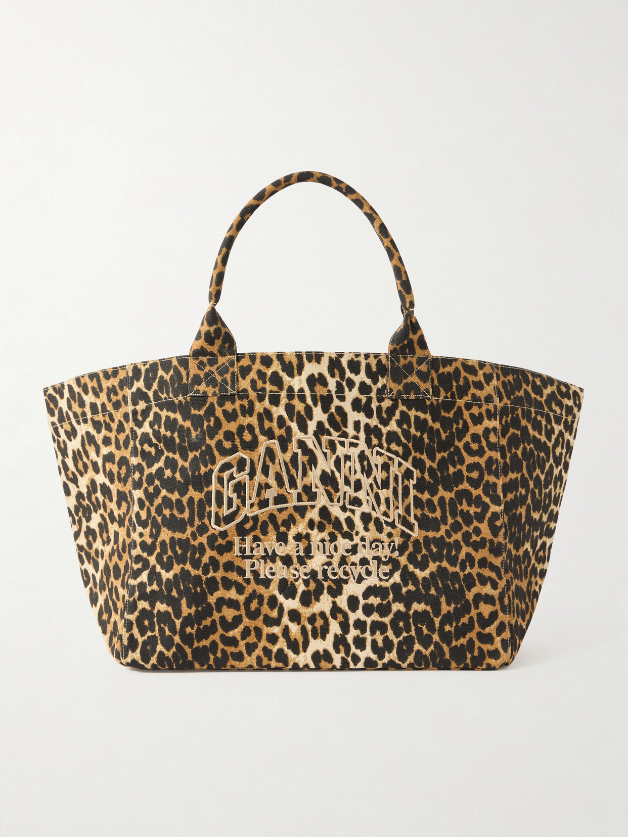 Ganni Shopper Xxl Embroidered Leopard-print Cotton-canvas Tote In Multi