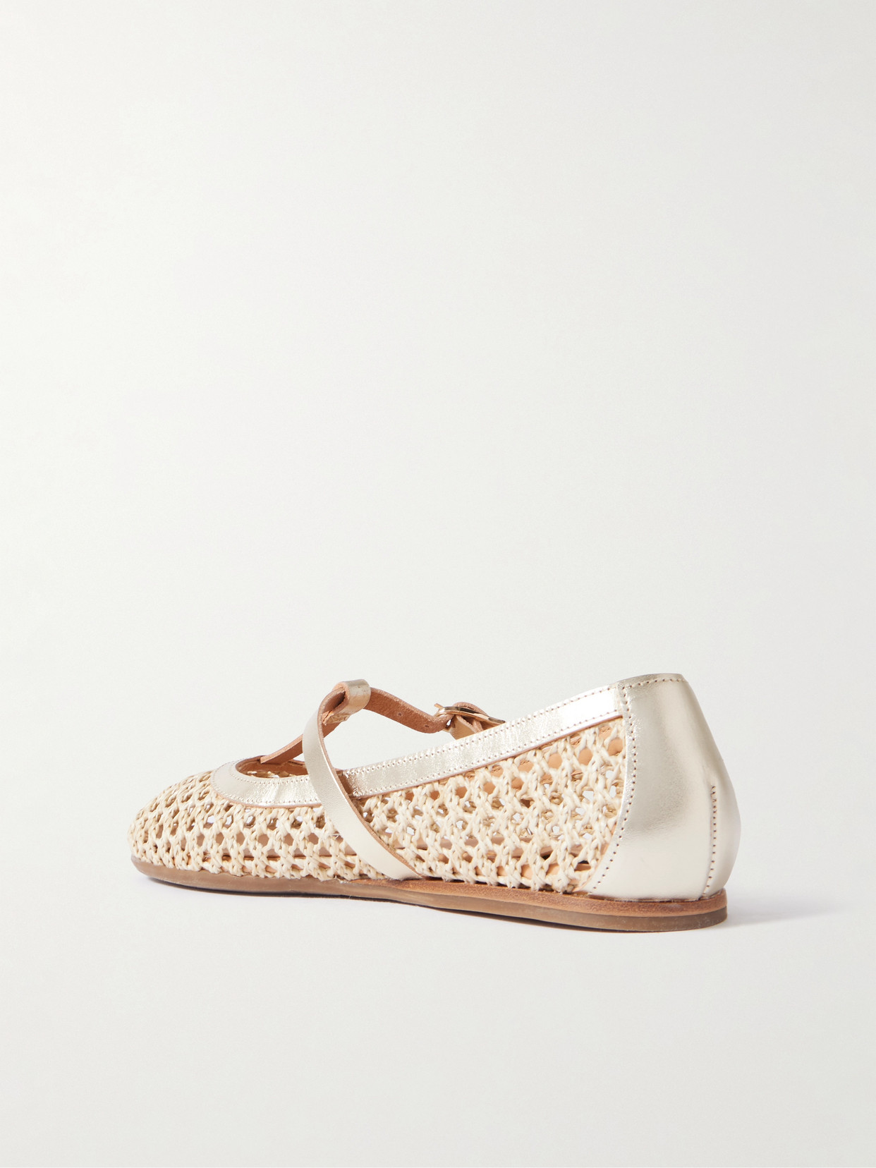Aerati Metallic Leather-Trimmed Woven Raffia Ballet Flats