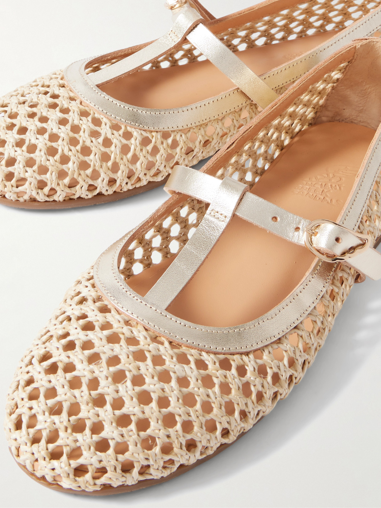 Aerati Metallic Leather-Trimmed Woven Raffia Ballet Flats