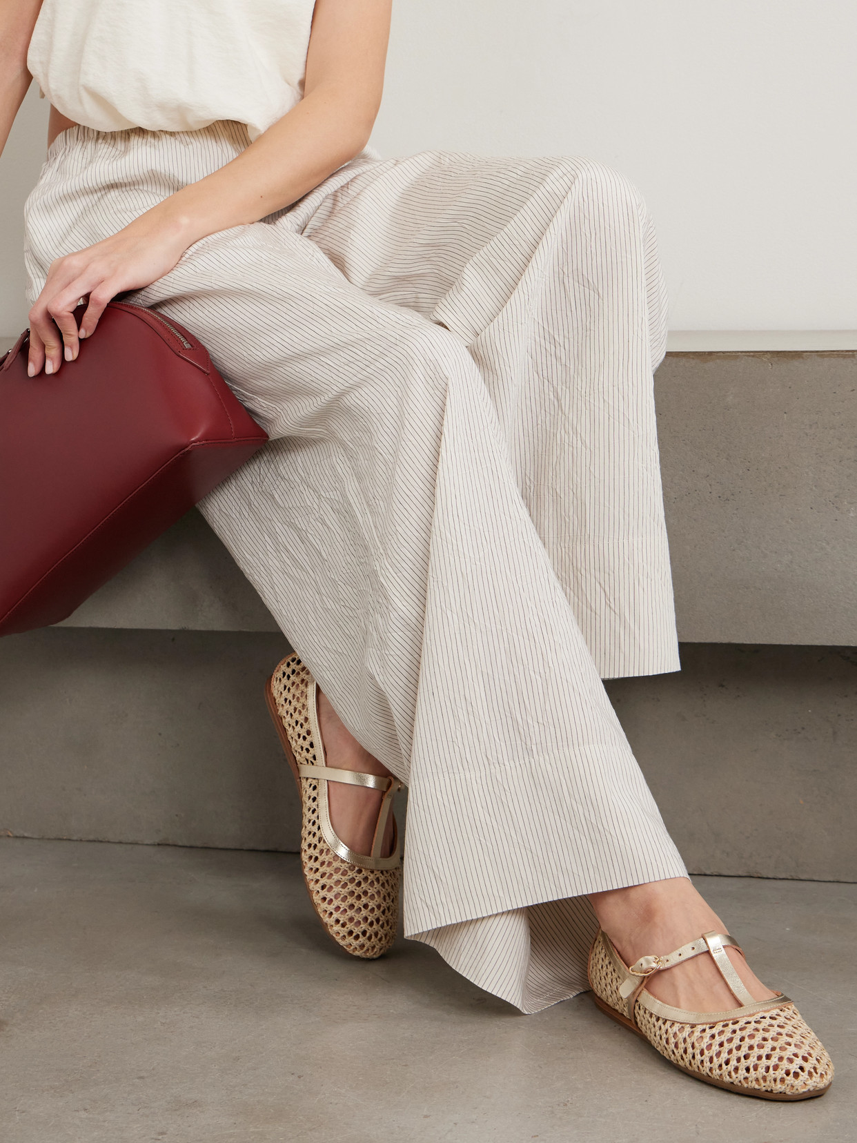 Aerati Metallic Leather-Trimmed Woven Raffia Ballet Flats