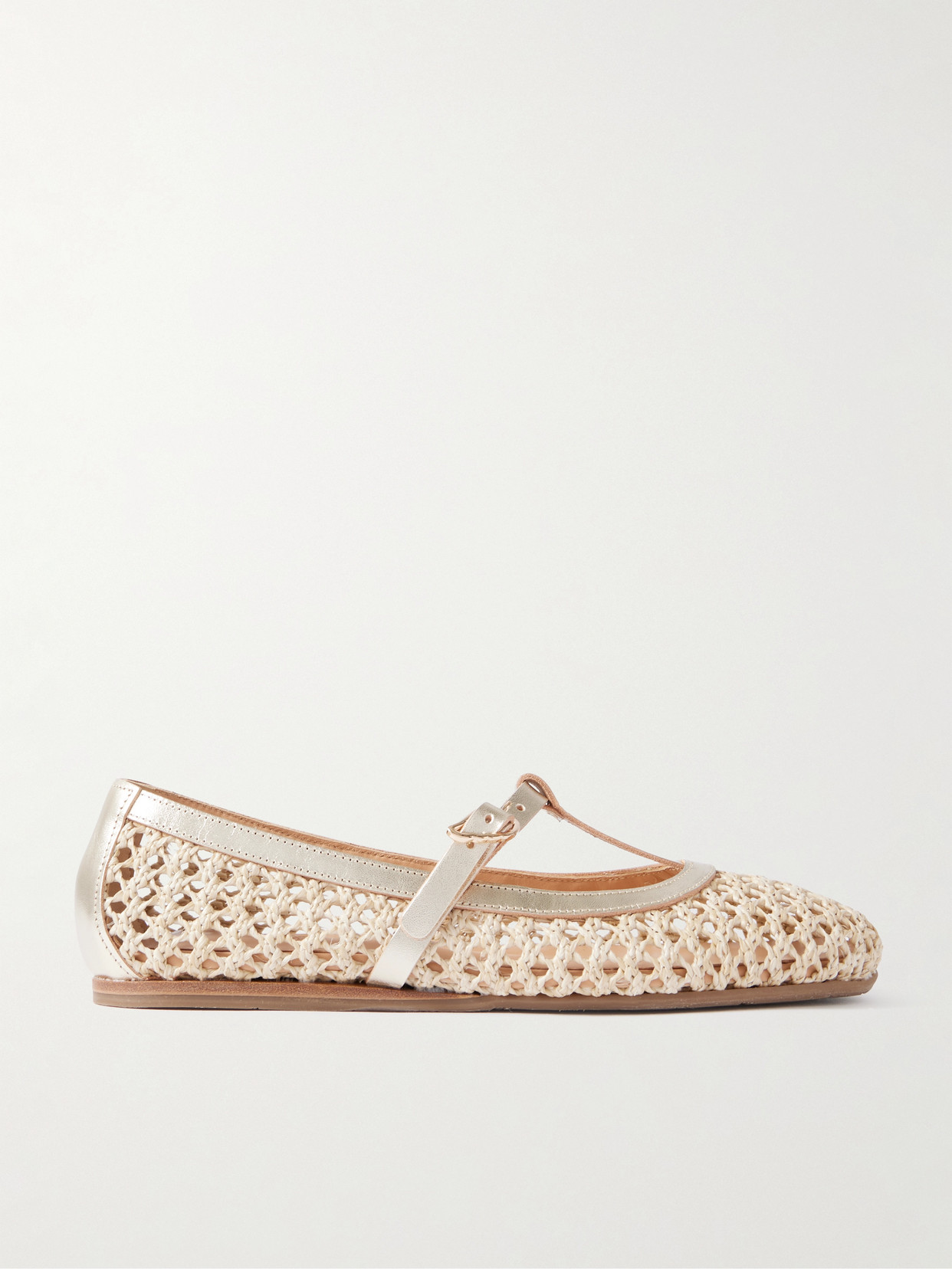 Aerati Metallic Leather-Trimmed Woven Raffia Ballet Flats