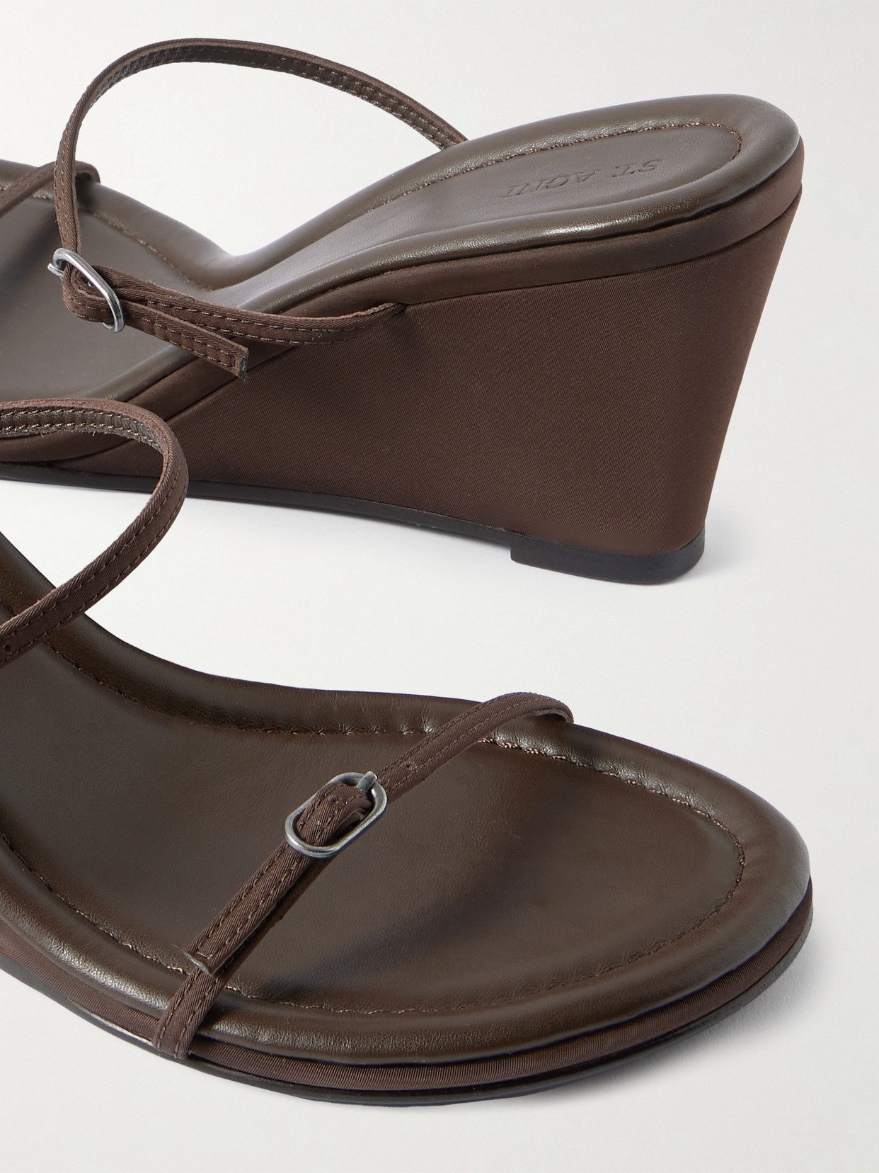 St Agni Petit Belt Satin Wedge Sandals In Brown