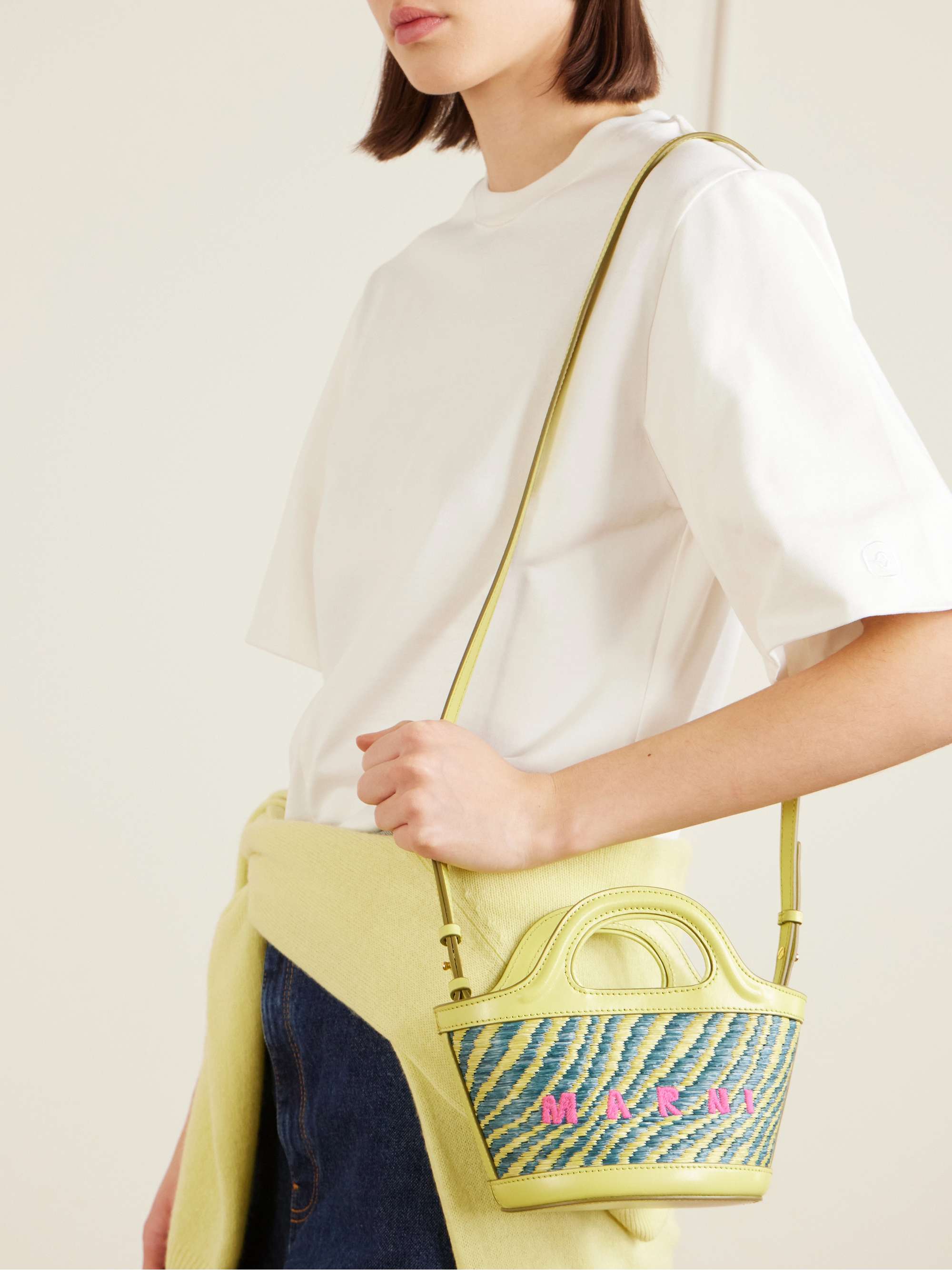 MARNI Tropicalia micro leather and embroidered faux raffia tote