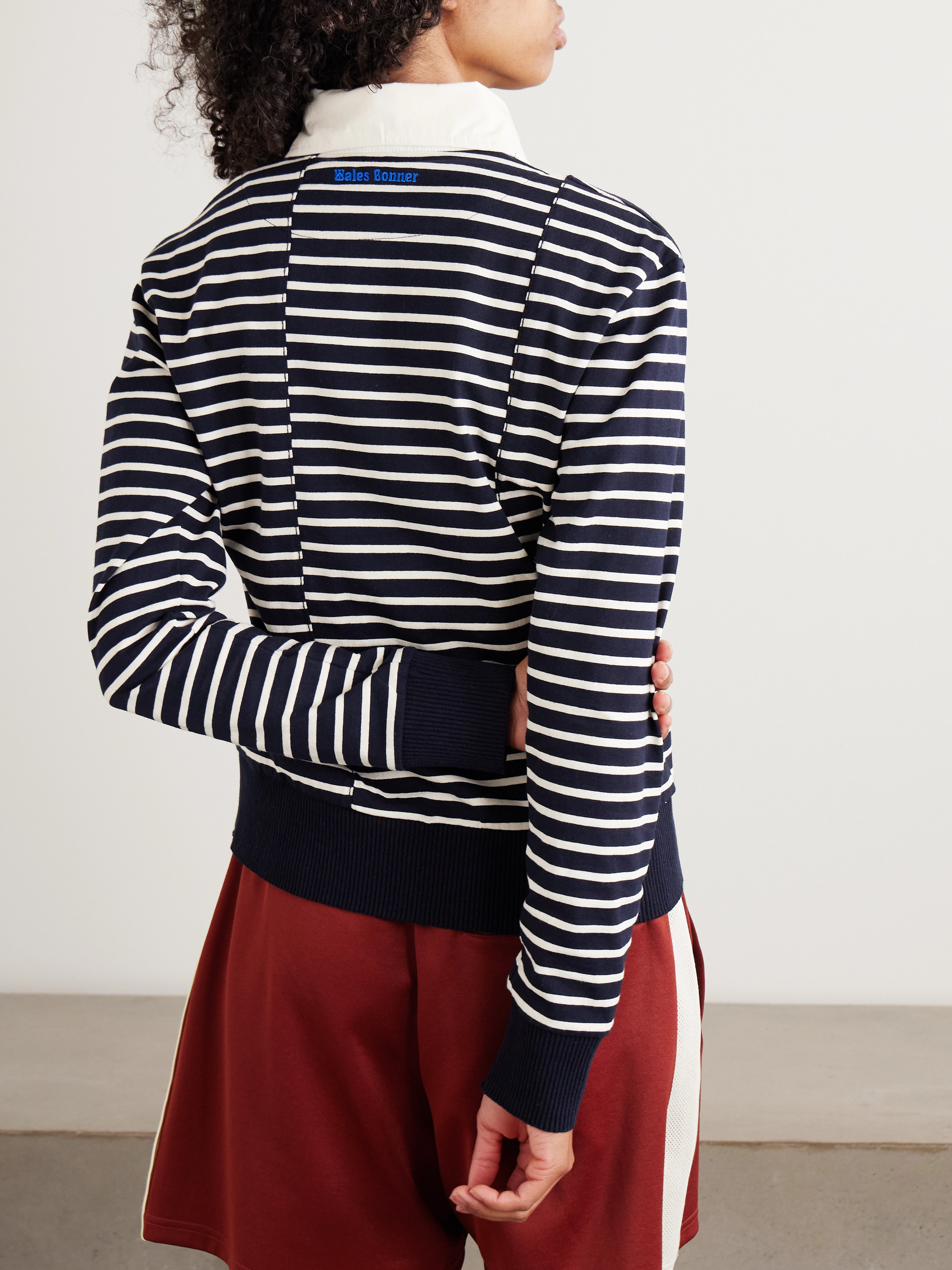 Wales Bonner Reflect embroidered stretch cotton poplin-trimmed striped cotton-jersey polo shirt thumbnail