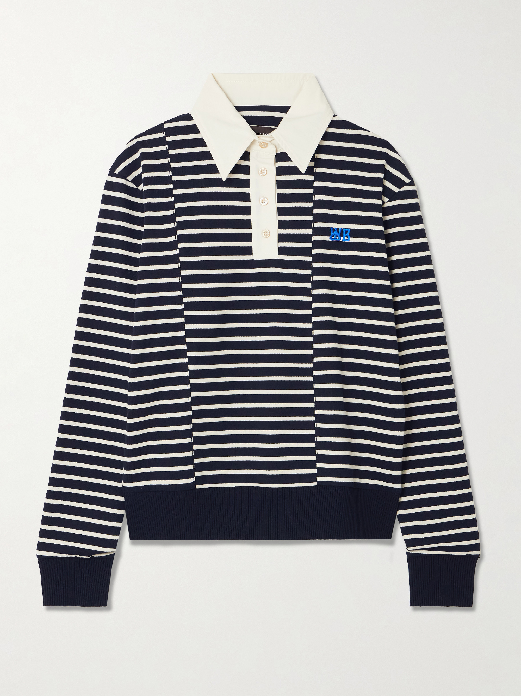 Wales Bonner Reflect embroidered stretch cotton poplin-trimmed striped cotton-jersey polo shirt thumbnail