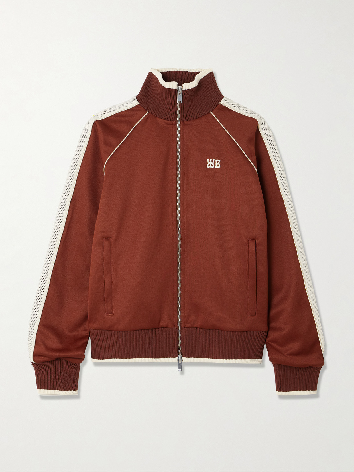 Wales Bonner Anthem Embroidered Mesh-trimmed Jersey Track Jacket In Brown