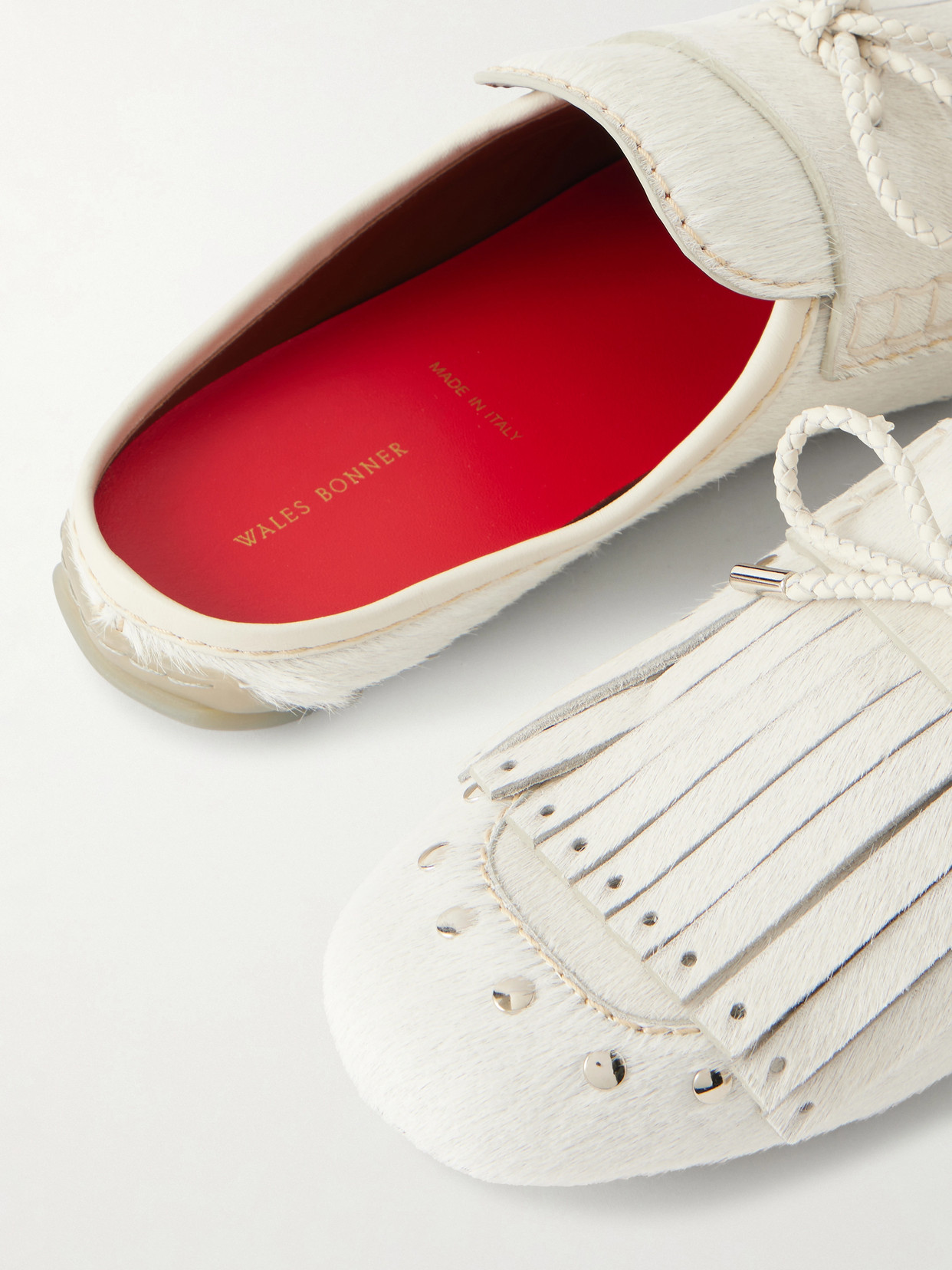 Montego Leather-Trimmed Studded Calf Hair Slip-Ons