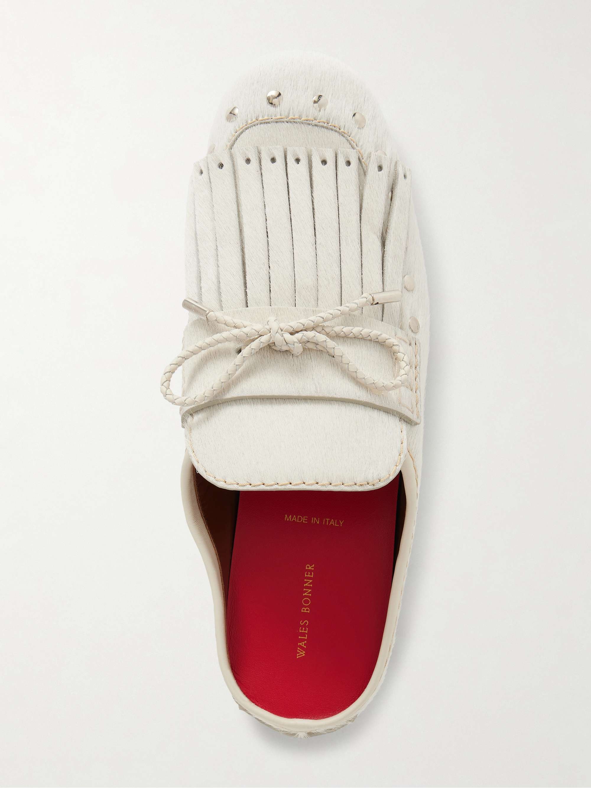 WALES BONNER Montego leather-trimmed studded calf hair slip-ons