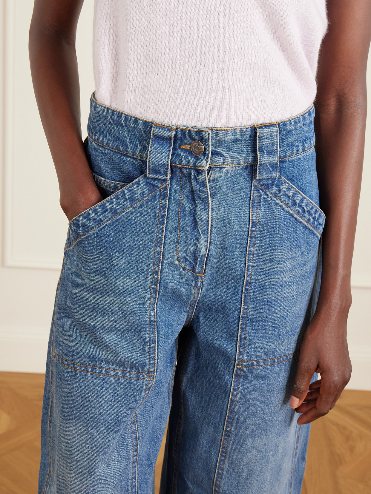 Paneled Mid-Rise Barrel-Leg Jeans