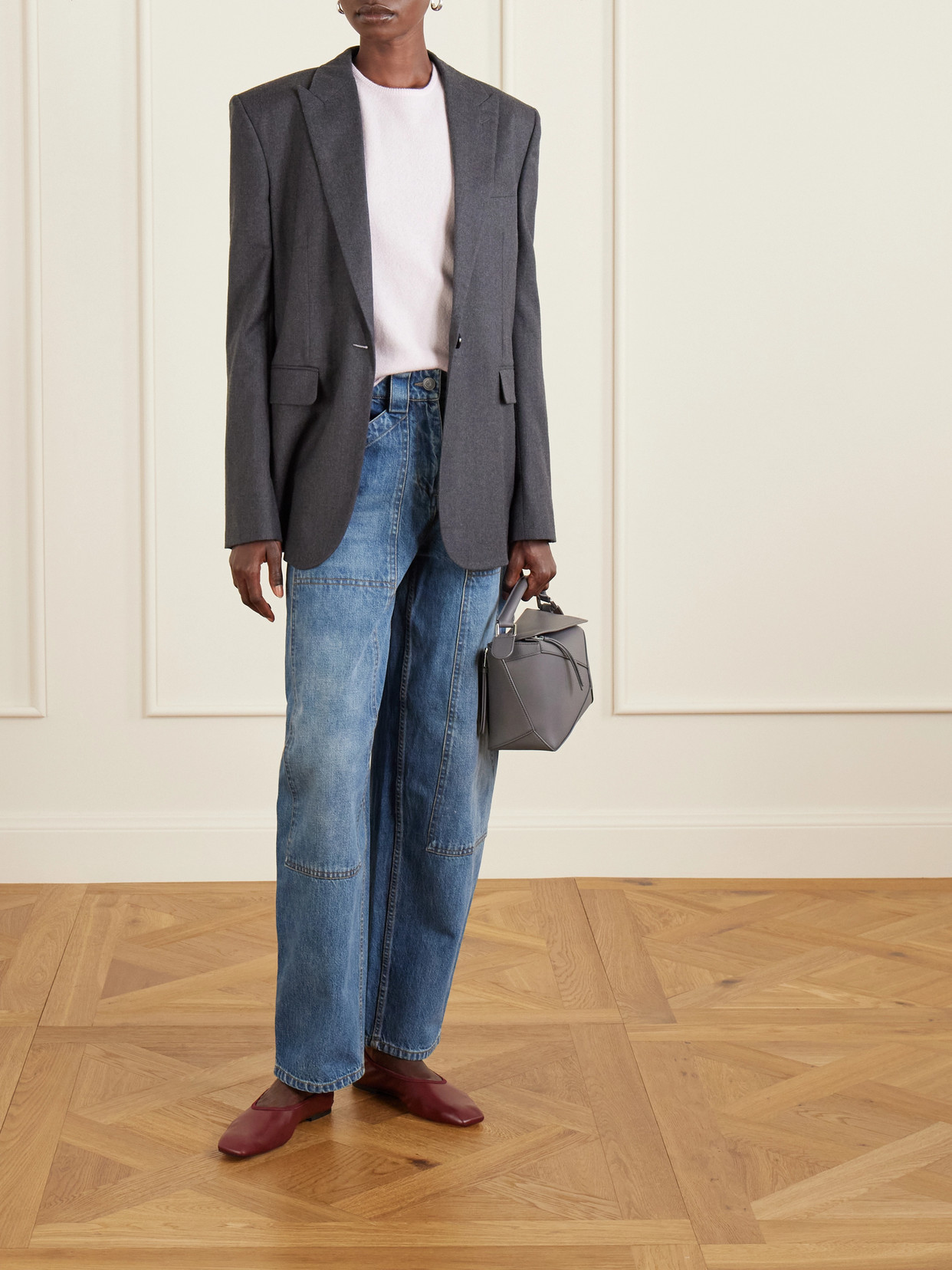 Paneled Mid-Rise Barrel-Leg Jeans