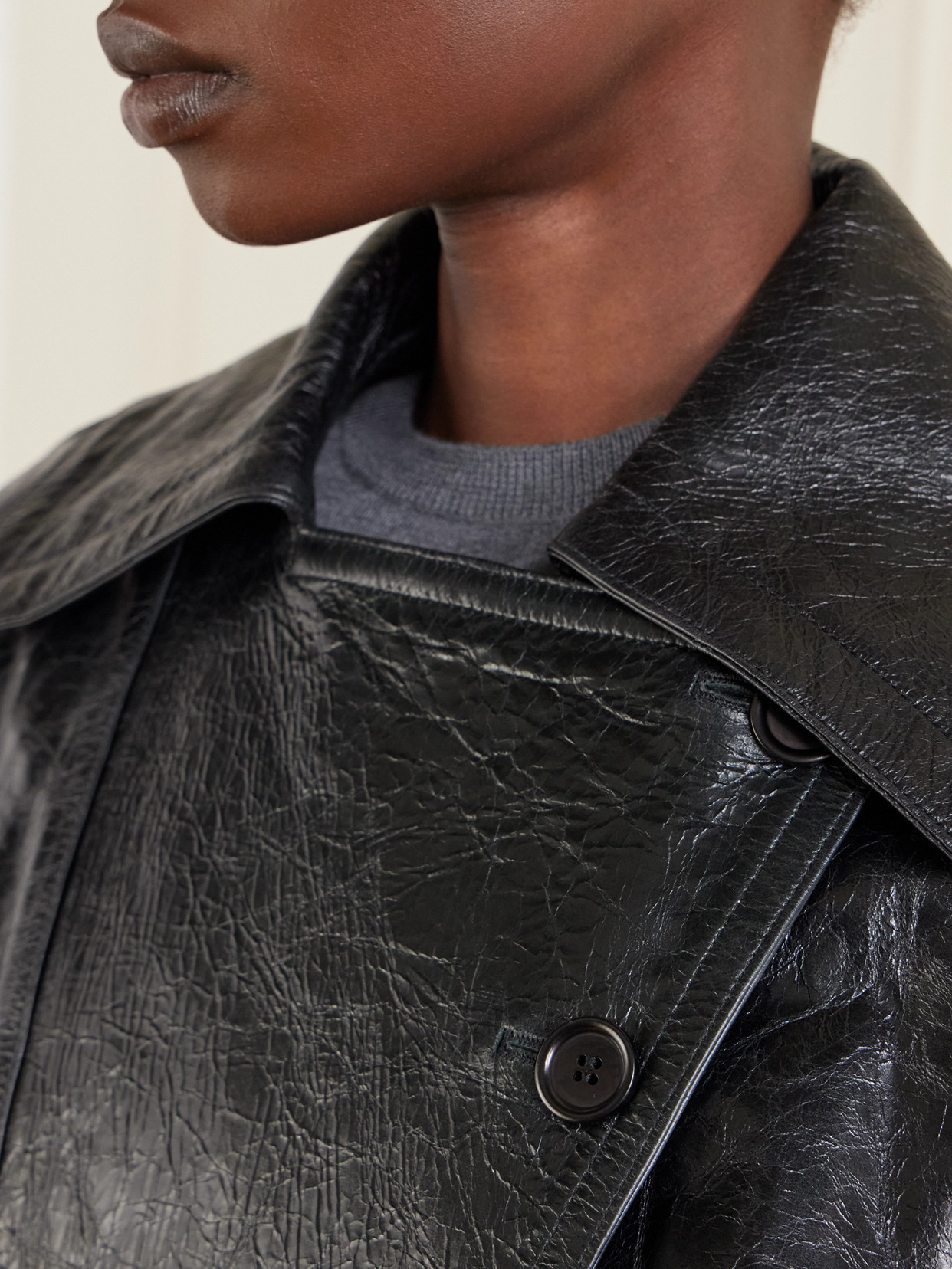 Co Engineered Double-breasted Leather Jacket In Black