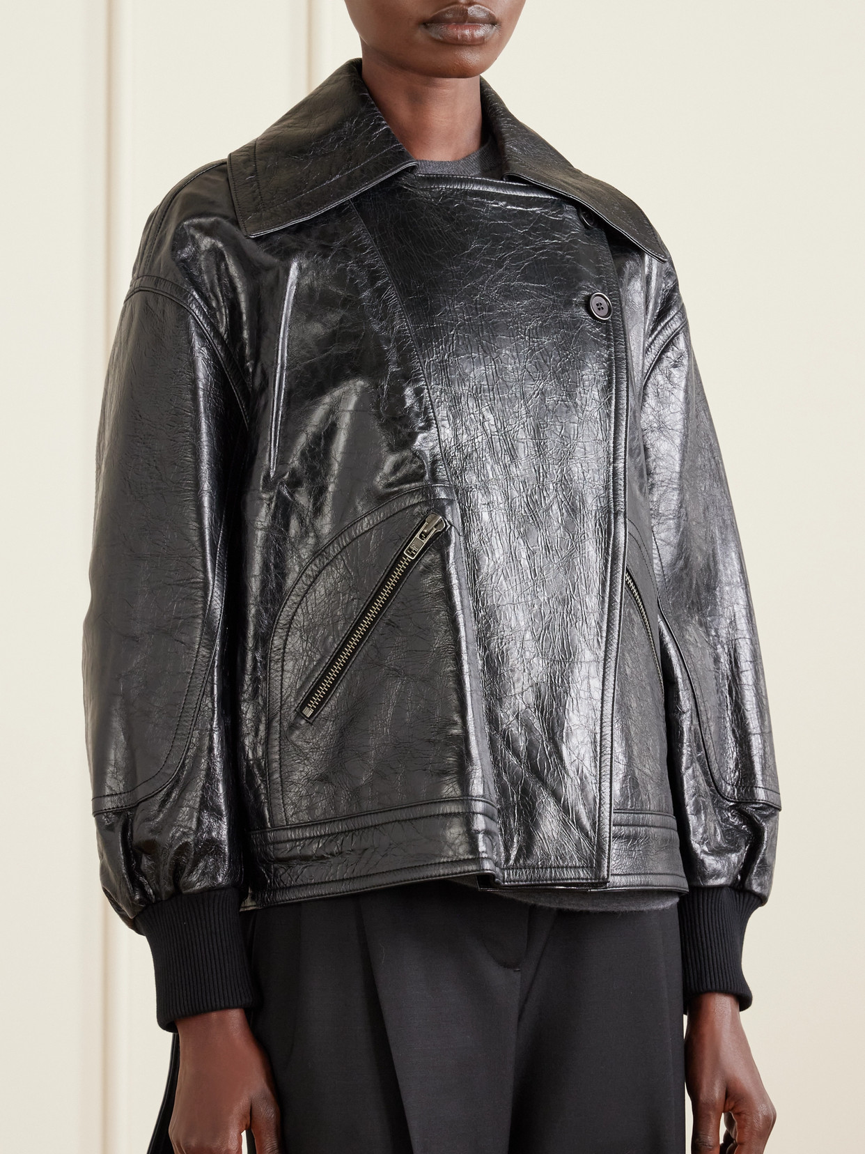 Co Engineered Double-breasted Leather Jacket In Black