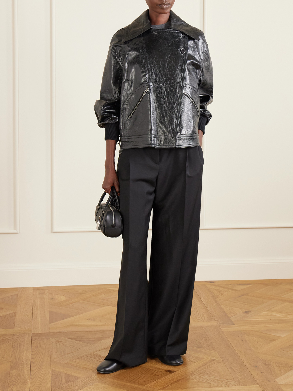 Co Engineered Double-breasted Leather Jacket In Black