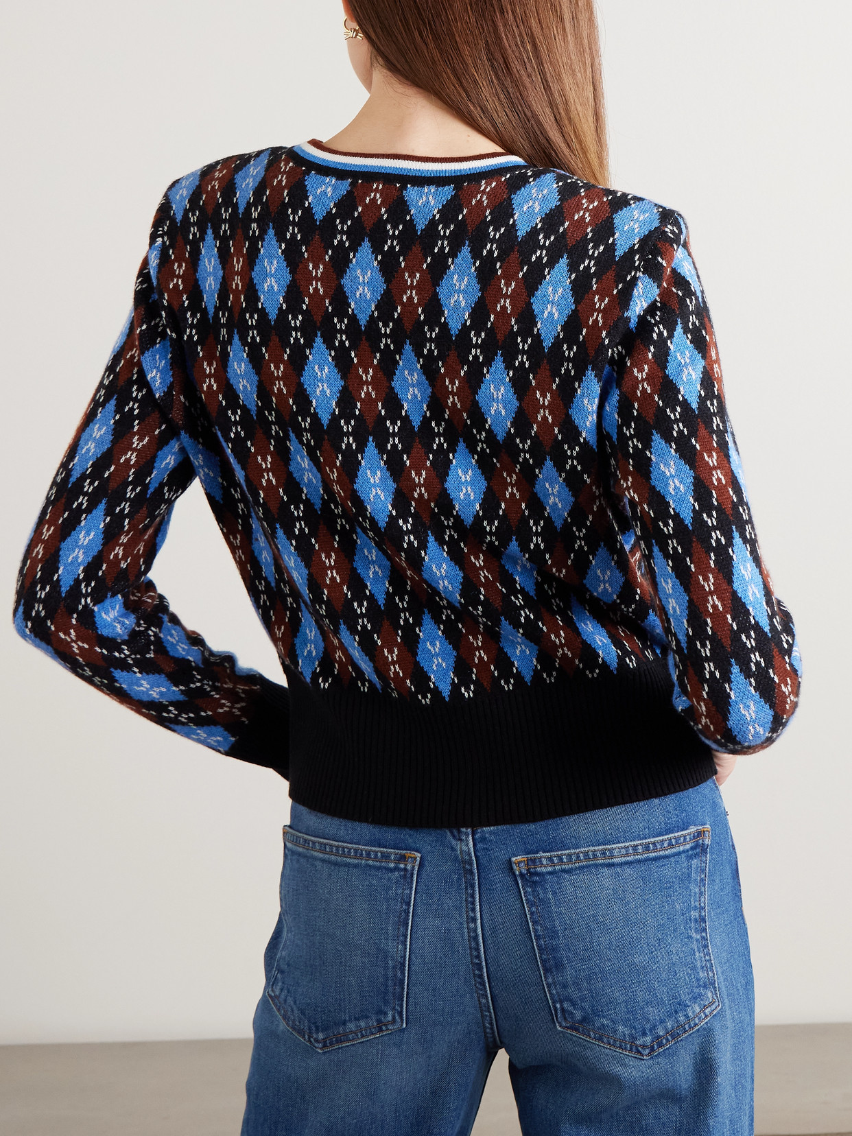 Veronica Beard Sylvane Striped Argyle Wool And Cotton-blend Cardigan In Blue