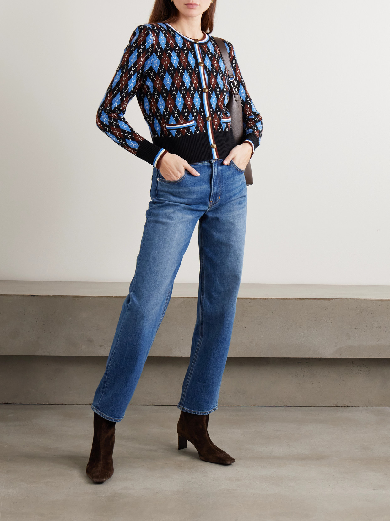 Veronica Beard Sylvane Striped Argyle Wool And Cotton-blend Cardigan In Blue