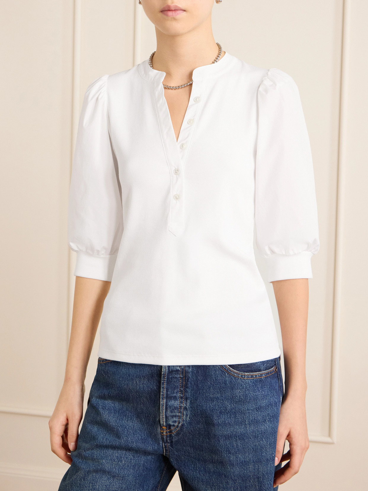Veronica Beard Coralee Poplin And Ribbed Stretch Pima Cotton-jersey Top In White