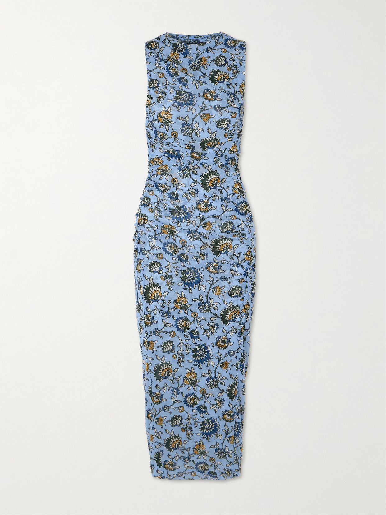 Veronica Beard Sylviani Ruched Floral-print Stretch-tulle Midi Dress In Blue