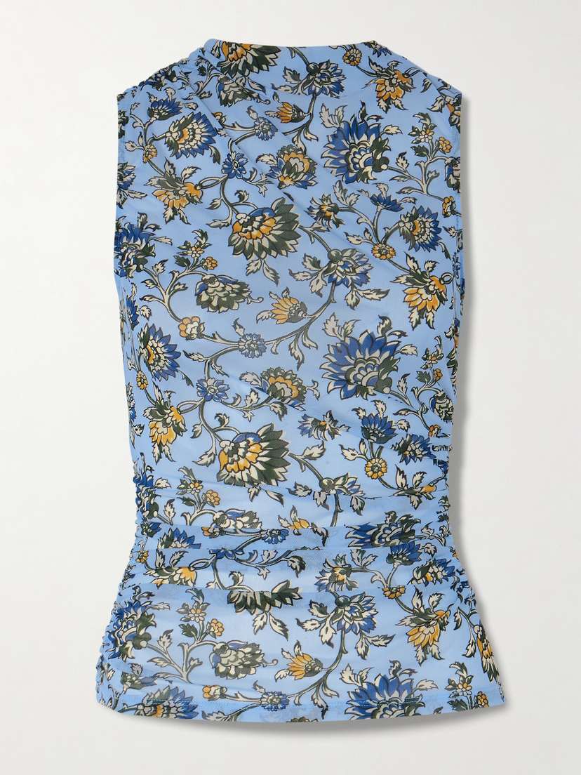 Veronica Beard Sylviani Ruched Floral-print Stretch-tulle Tank