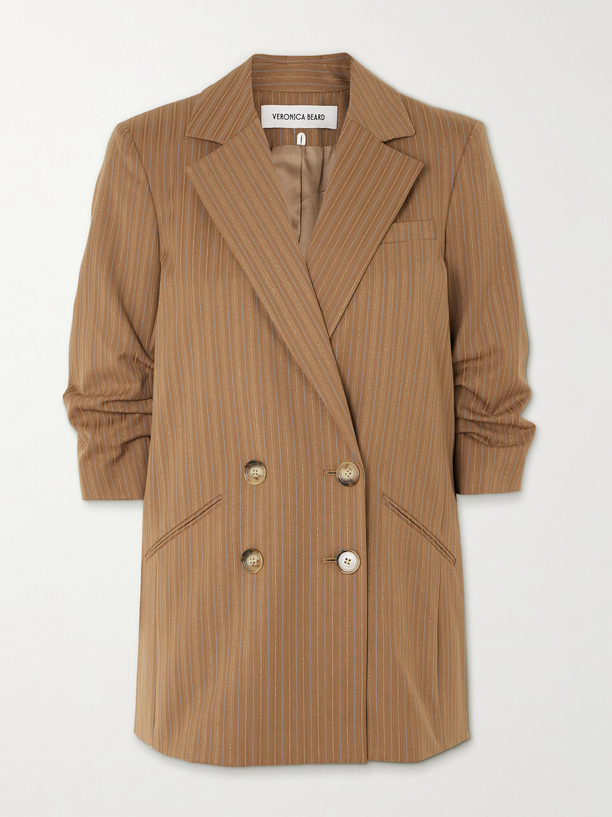 Veronica Beard Rupert Dickey Double-breasted Ruched Pinstriped Woven Blazer In Neutral