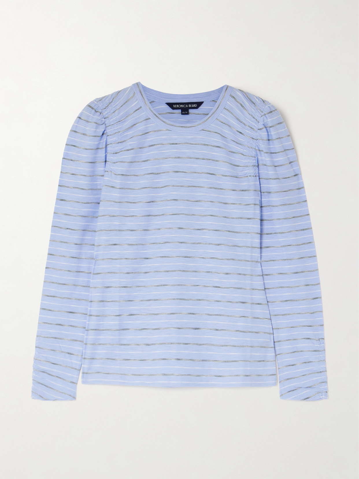 Veronica Beard Bouvet Smocked Ruched Striped Pimaa Cotton T-shirt In Blue