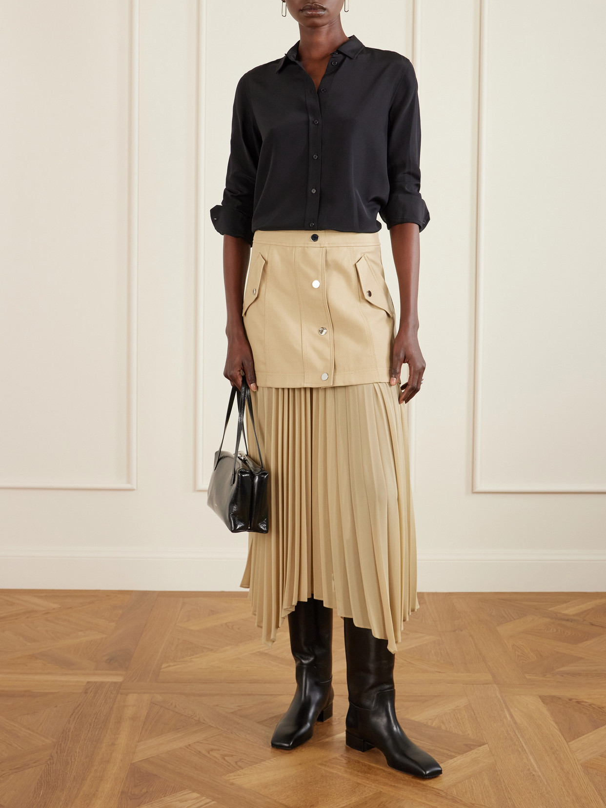 Veronica Beard Patricka Asymmetric Layered Pleated Woven Skirt In Neutral